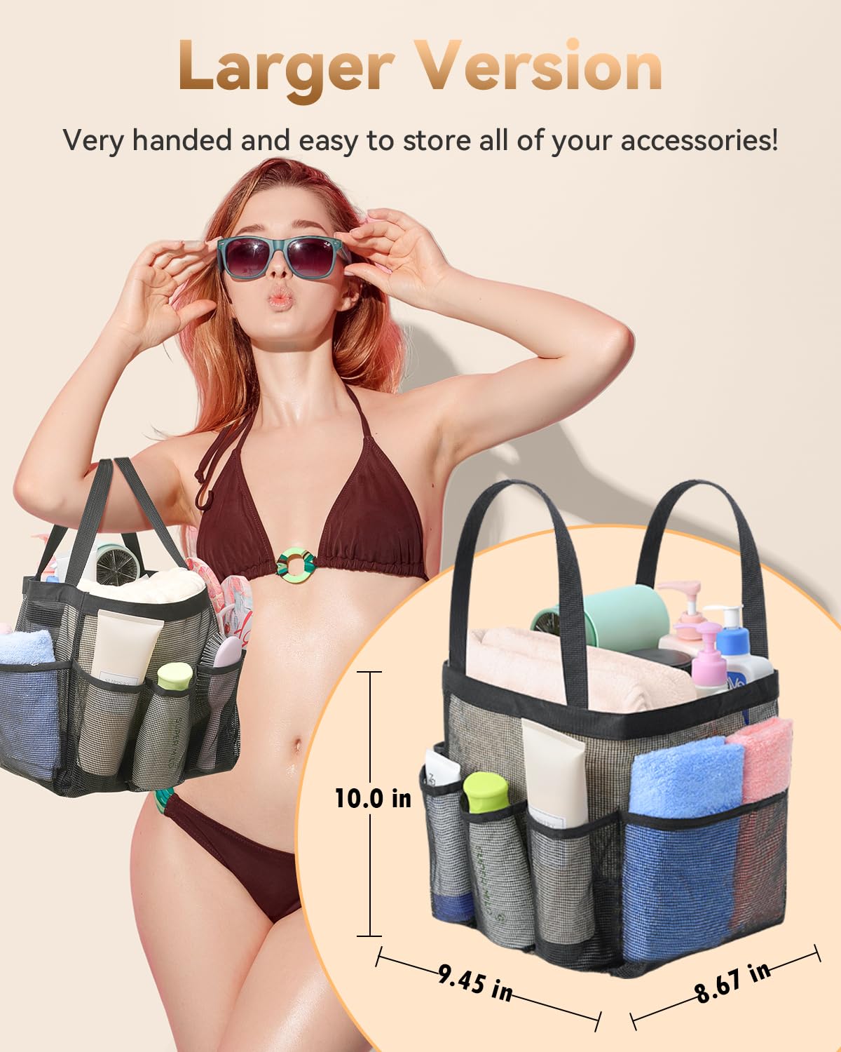 Temede Mesh Shower Caddy Tote, Large Shower Caddy Basket Portable, Quick Dry Hanging Toiletry Bag, 8 Storage Pocket Handle Bath