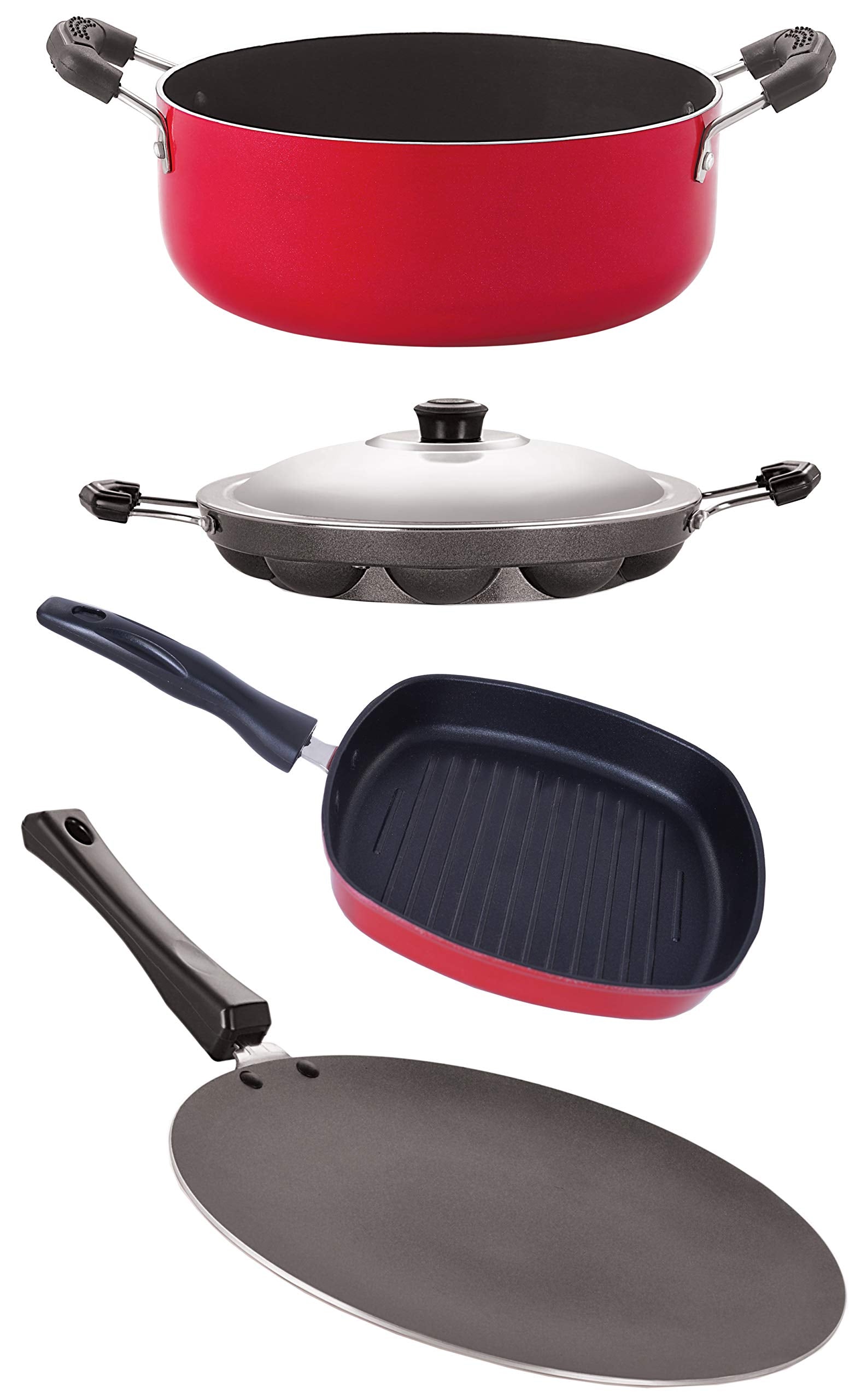 Nirlon 3 Layer Coated NonStick Aluminium Pots And Pans Cooking Combo 4 Pieces Set Fer (Concave Tawa 28.5Cm + Appam Steel Lid 12