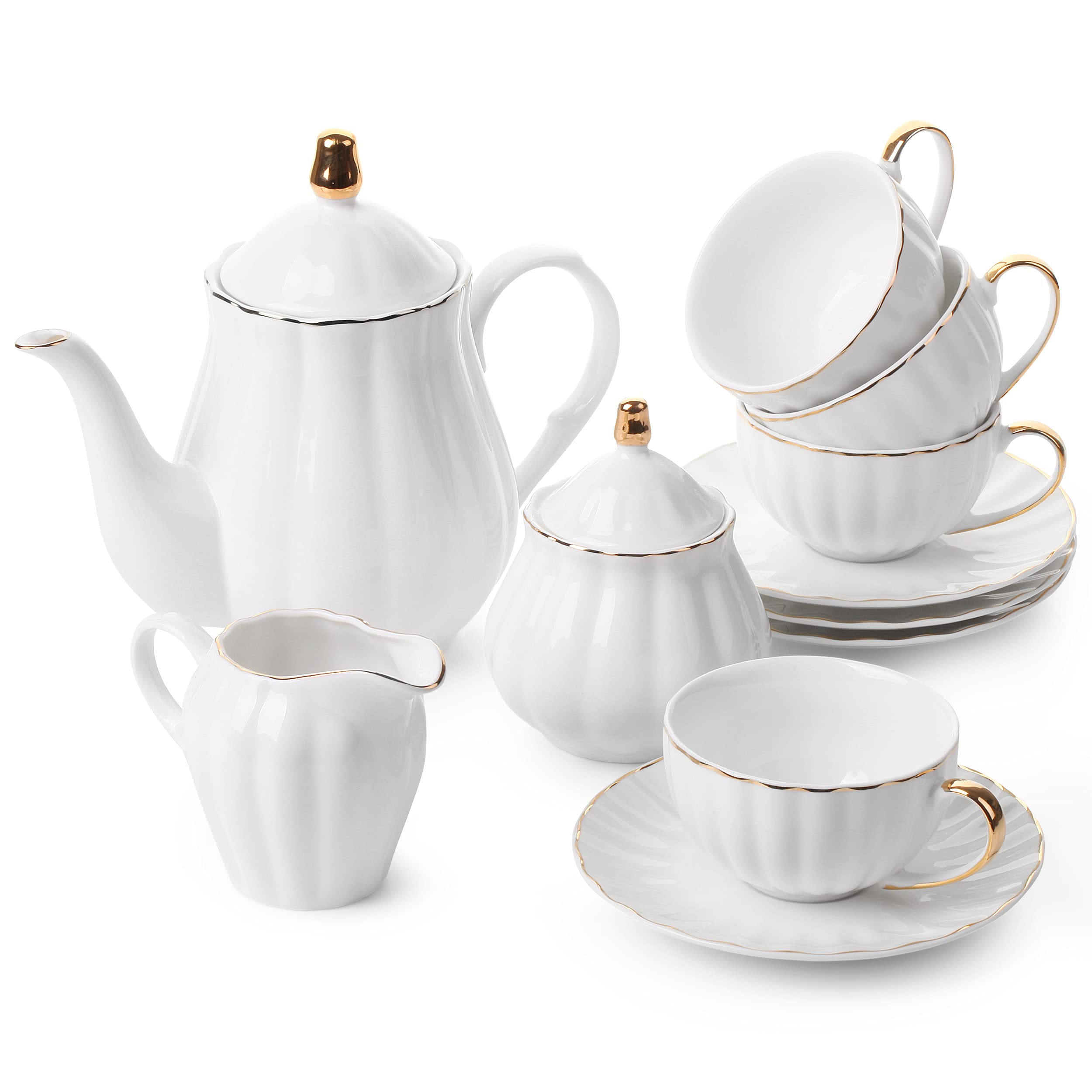 Btat- Classic Tea Set, 13 Pcs, Tea Cups (7Oz), Tea Pot With Stainless Steel Infuser (32Oz), Creamer And Sugar Set, Porcelain Tea