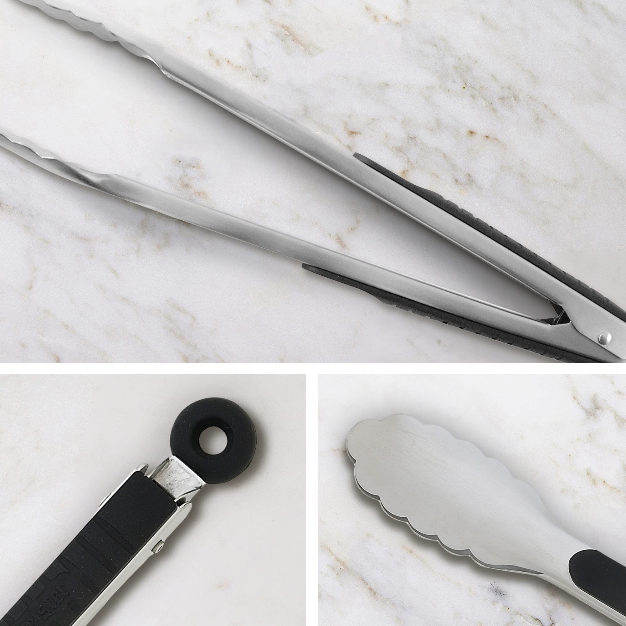 Messermeister Stainless Locking Tongs, 9    - Gently Grips Food - Durable Stainless Steel & Non-Slip, Silicone Grip - Dishwasher