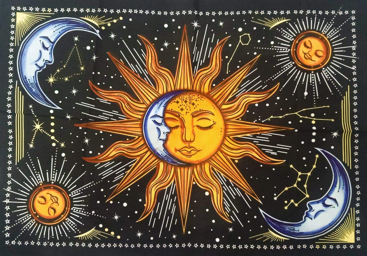 Doraya Psychedelic Two Face Sun Tie Dye Mandala Tapestry Hippie Hippy Celestial Wall Hanging Indian Bohemian Tapestries (Multico