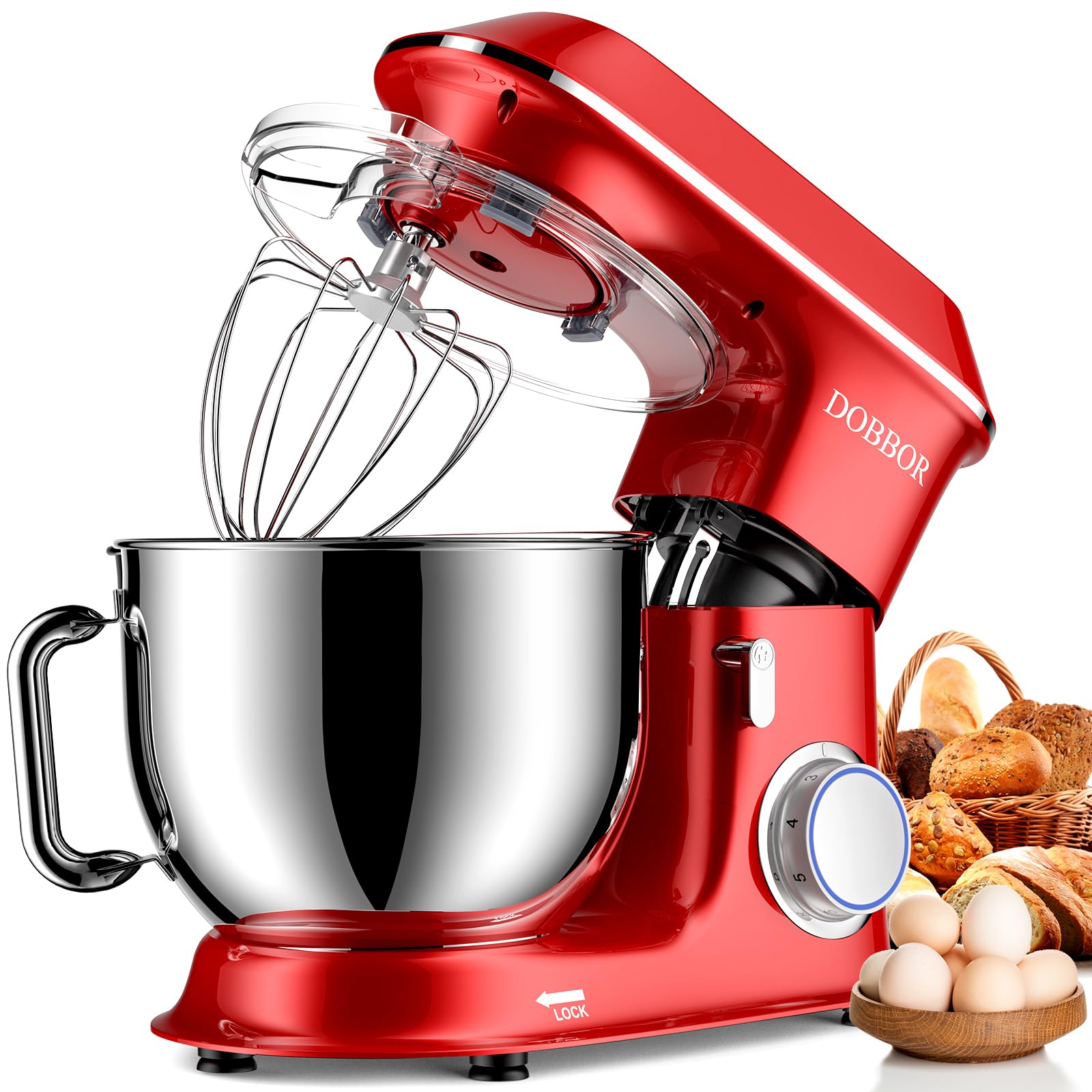 Dobbor Electric Stand Mixer, 9.5Qt 660W 7 Speeds Tilt-Head Dough Mixers, Bread Mixer With Dough Hook, Whisk, Beater, Splash Guar