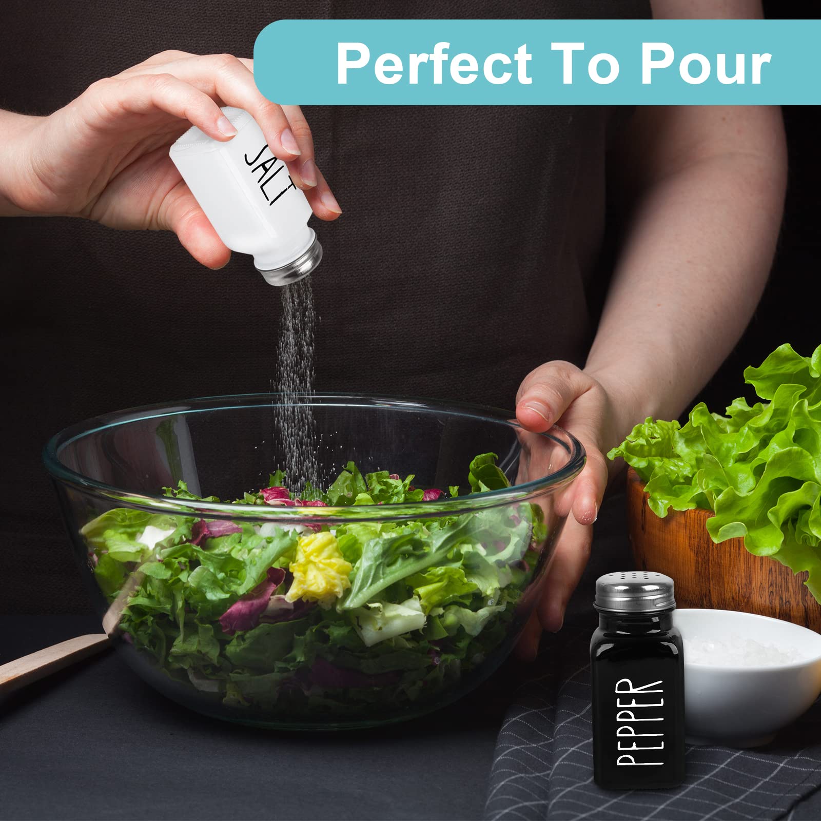 PECULA 2 Pack Salt and Pepper Shakers Set, Glass with Stainless Steel Lid, 4.72 inch, Black and White, Modern Farmhouse Style