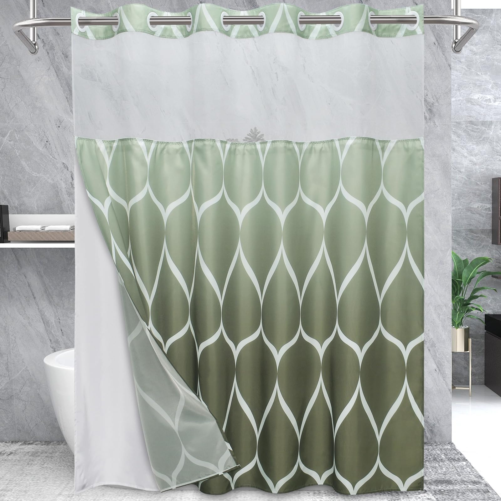 Yiatn No Hook Ombre Sage Green Shower Curtain With Snap In Fabric Liner Set - Hotel Style With See Through Mesh Top Window, Mode