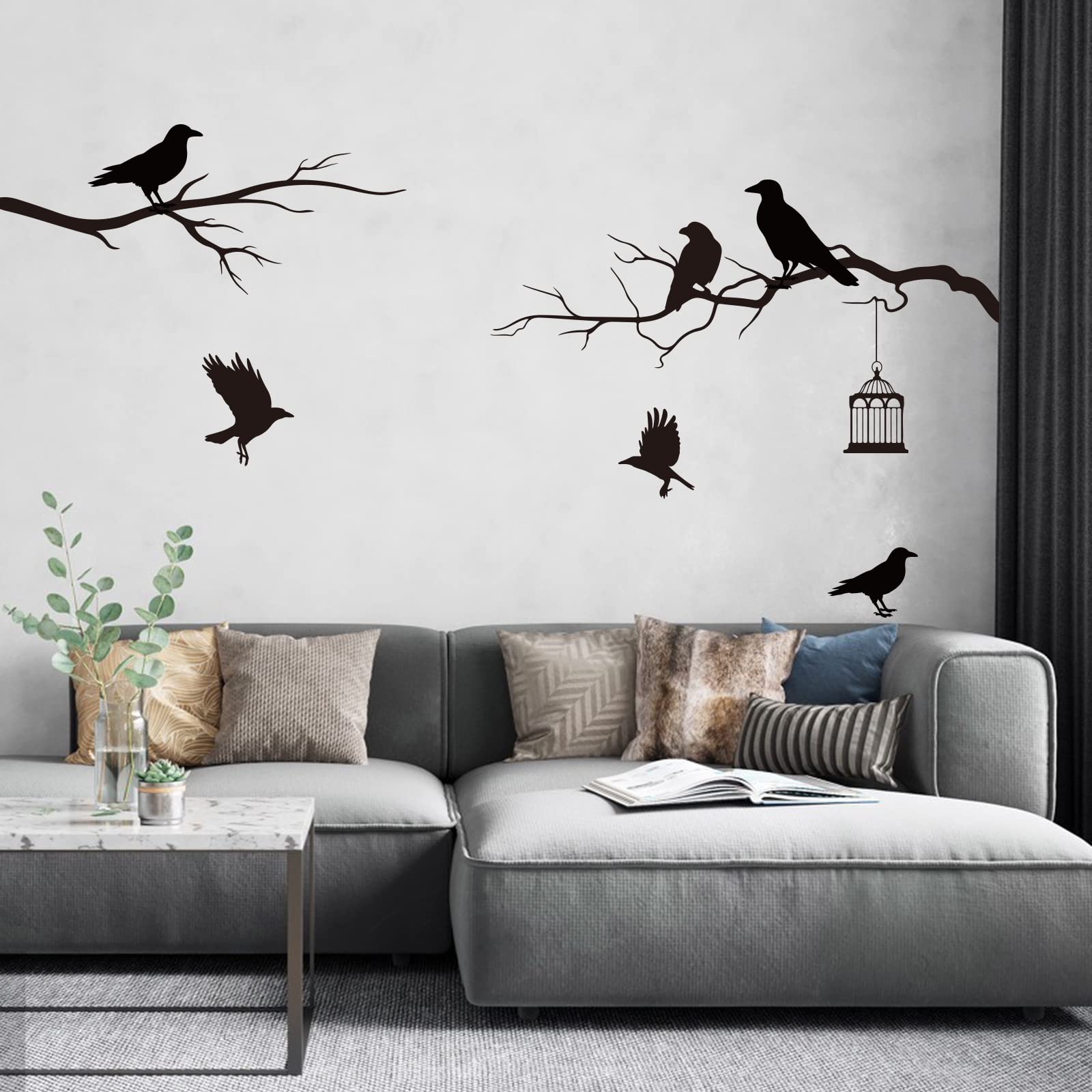 SUPERDANT Raven Wall Decal Crow Decor Gothic Wall Decals Tree Branch Stickers Black DIY Wall Art Decorations for Family Themed T