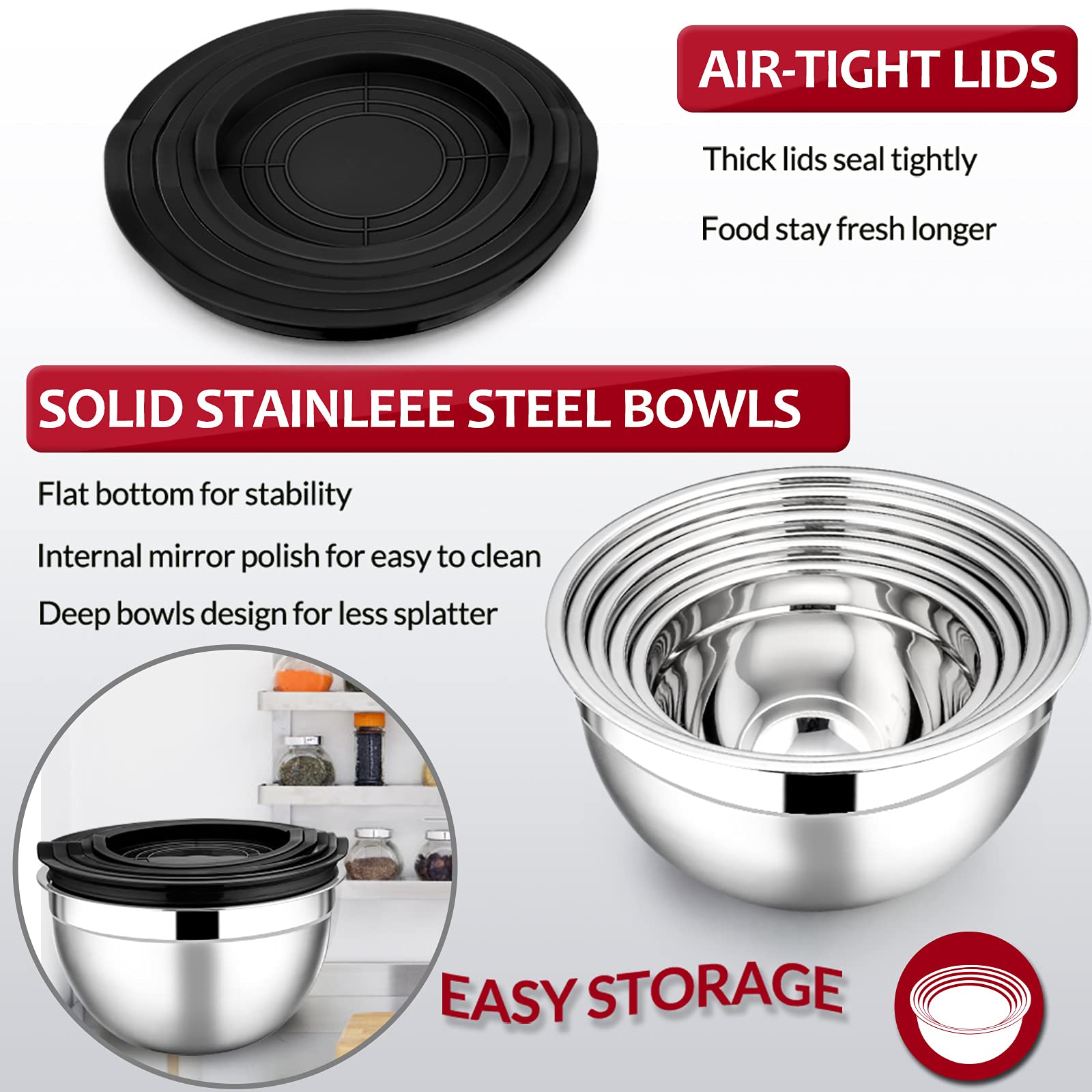 E-far Stainless Steel Mixing Bowls Set of 5 with Airtight Lids, Black, Sizes 0.7QT to 4.6QT, Dishwasher Safe