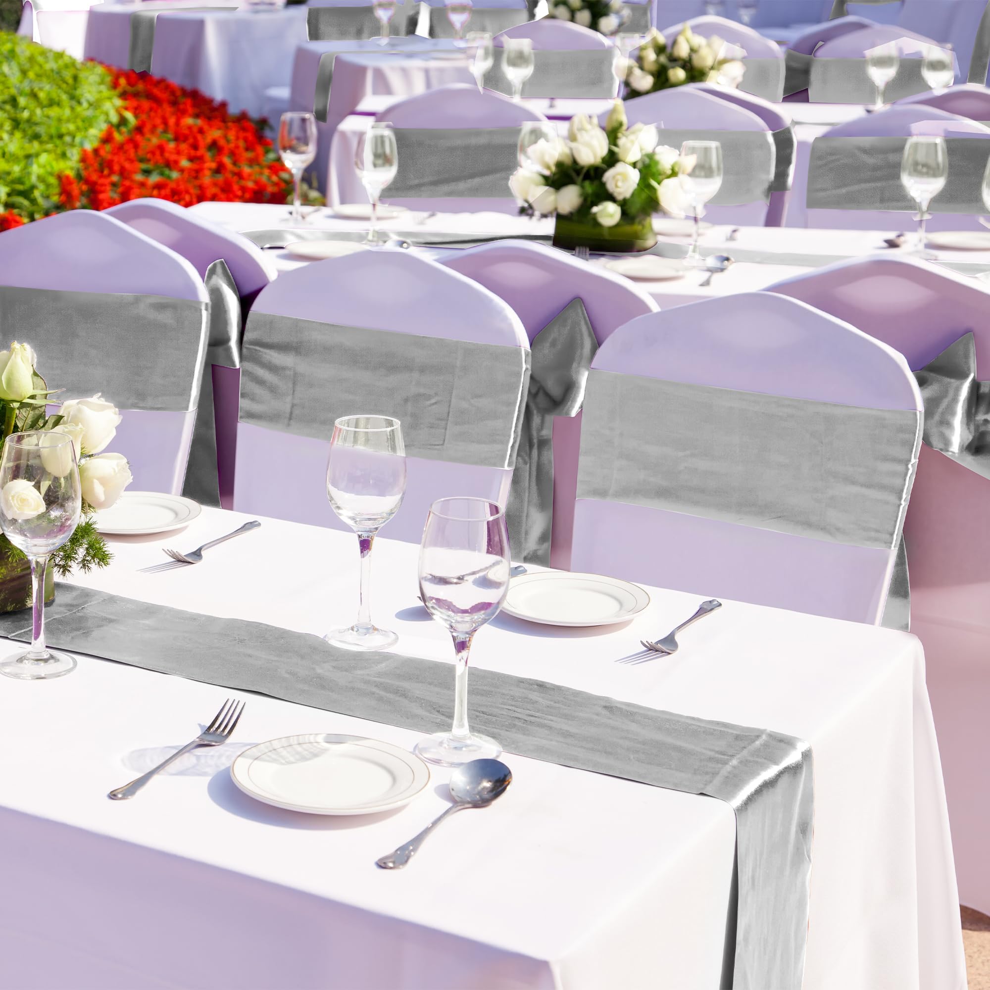 Aneco 16 Pack Satin Table Runner 12 X 108 Inch Silver Long Wedding Satin Silk Table Runner For Wedding Banquet Graduations Birth