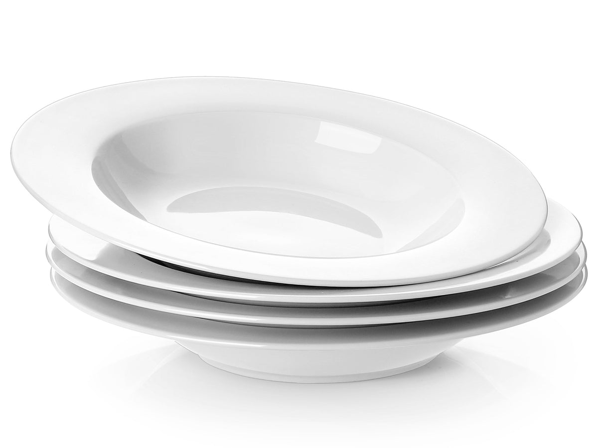 Y Yhy Soup Bowls, Pasta Bowl Set Of 4, White Shallow Bowl Plates, Porcelain Rimmed Bowls, 8 Inches Diameter With Rim, Father'S D