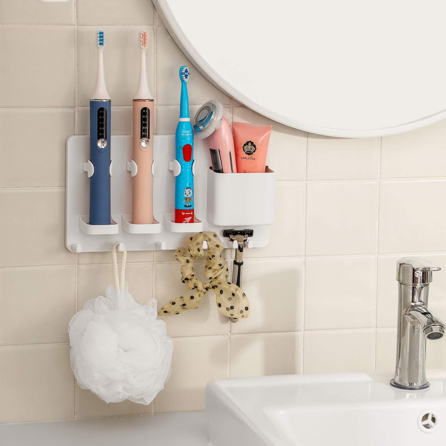 simpletome Adhesive Electric Toothbrush Holder Wall Mounted Razor Hanger Bathroom Organizer Box ABS (White)