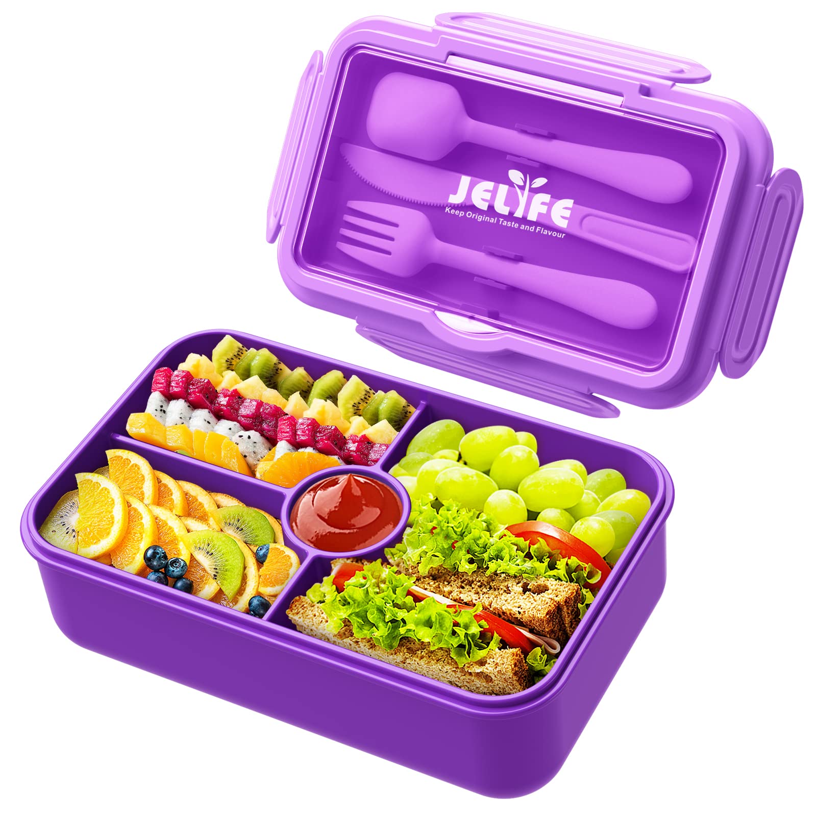 Jelife Lunch Box Kids Bento Box - Large Bento-Style Leakproof 4 Compartments Kids Lunchbox Food Containers With Utensils For Bac
