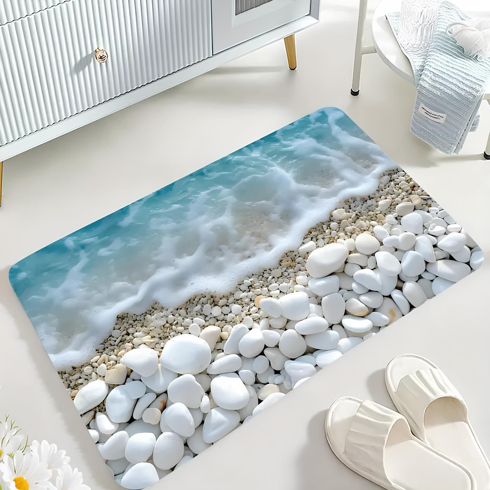 Arviz 3D Bathroom Door Mat, Anti-Slip Rectangular Doormat For Bathroom, Rubber 3D Patterned Water Soaking Floor Mat, Sea Design 