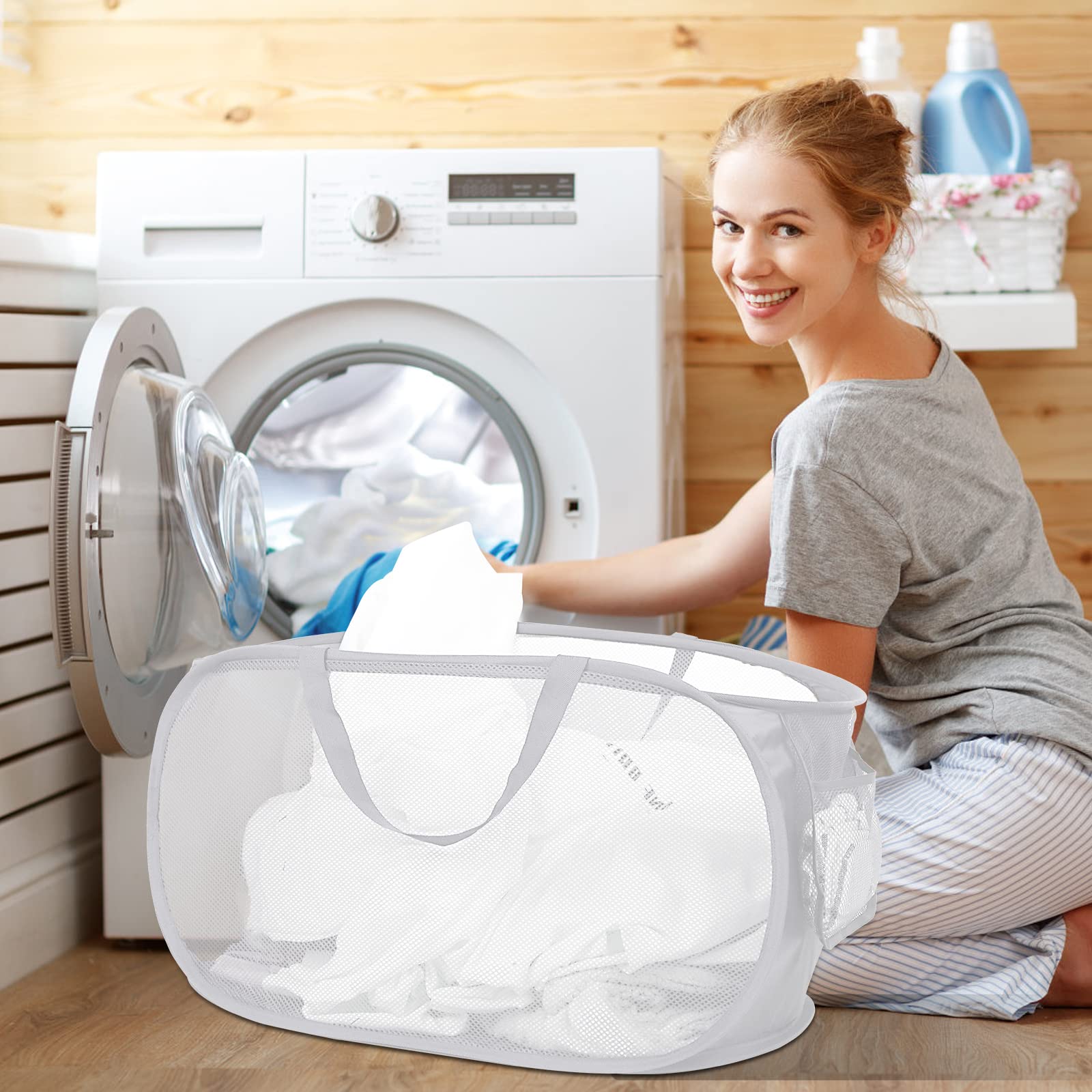 Strong Mesh Pop Up Laundry Basket, Collapsible Laundry Hamper With Side Pocket, Foldable Clothes Pop Up Hamper With Durable Rein