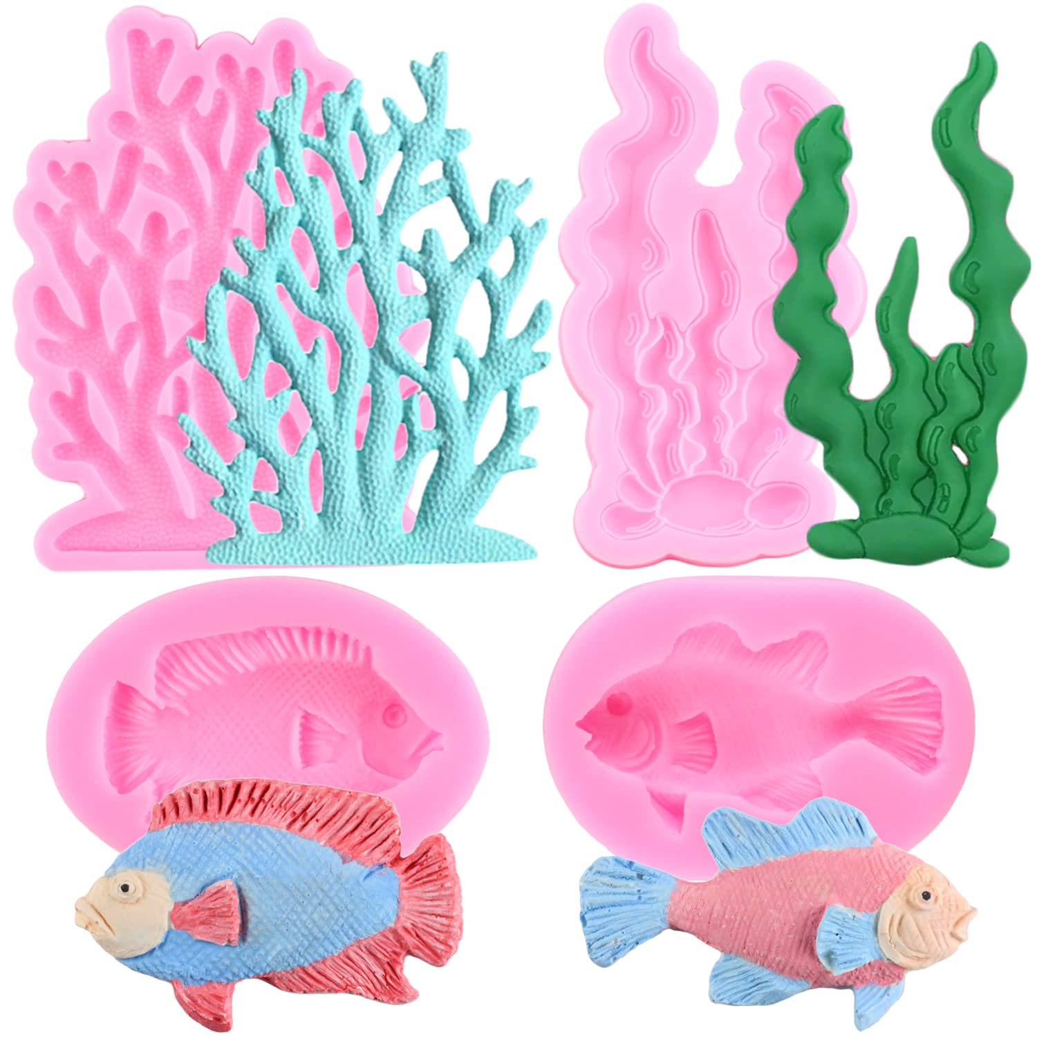 Mujiang Coral Seaweed Silicone Mold Sea Creatures Fish Fondant Molds For Cake Decorating Candy Chocolate Set Of 4