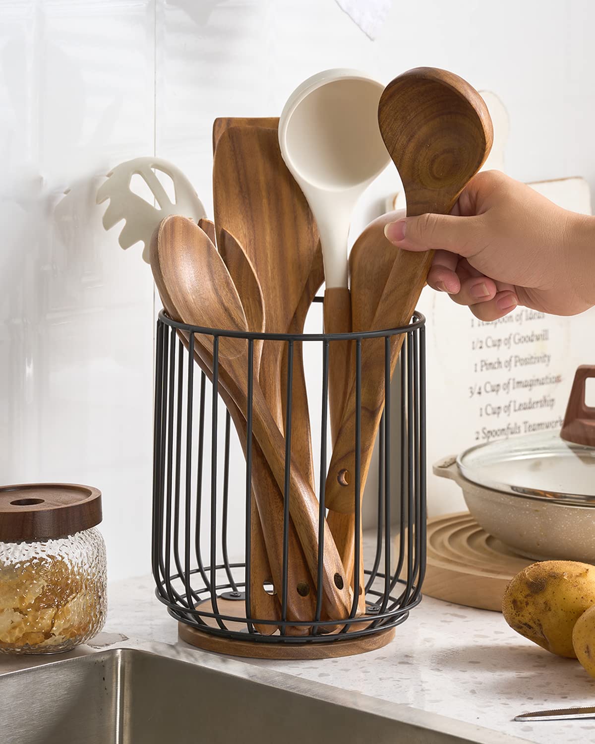Getstar Kitchen Utensil Holder, Large Wire Utensil Holder For Kitchen Counter (W6.2    X H7.5   ) With Acacia Base