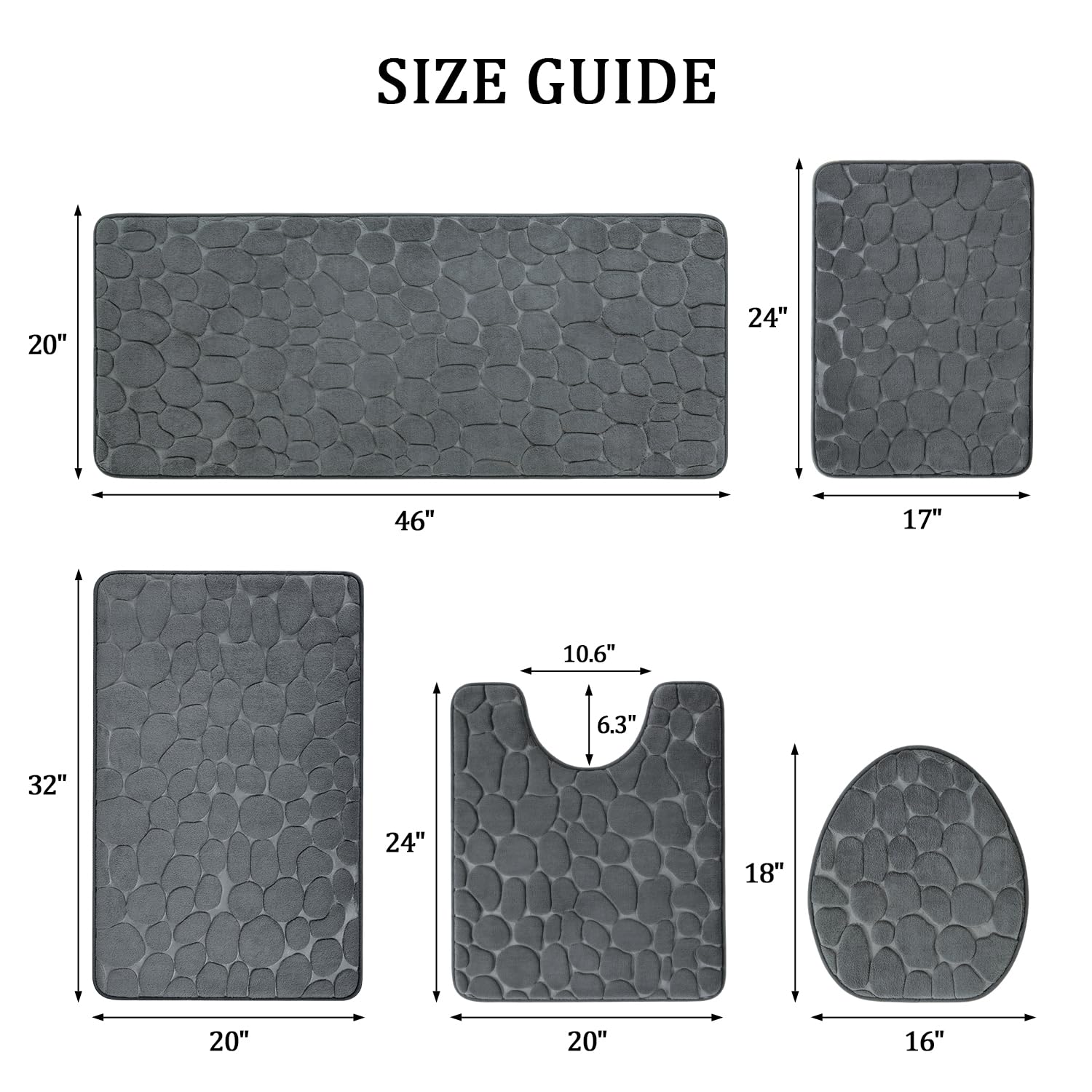 Yihouse 5 Piece Cobblestone Memory Foam Bath Mats, Extra Thick Non Slip Mats For Tub, Toilet And Floor, Water Absorbent, Washabl