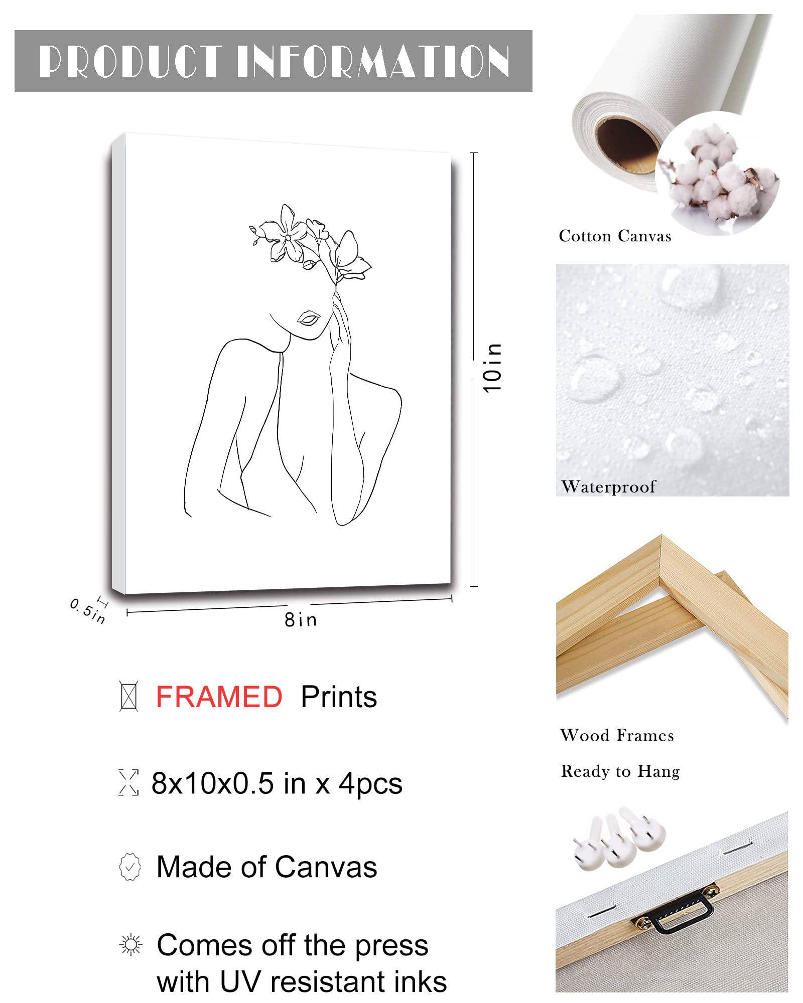 Minimalist Line Art Prints Wall Decor - Abstract Flower Line Art - Modern Black and White Artwork - Women Office Bedroom Bathroom Decoration - FRAMED  8''x10''  4 Piece Set