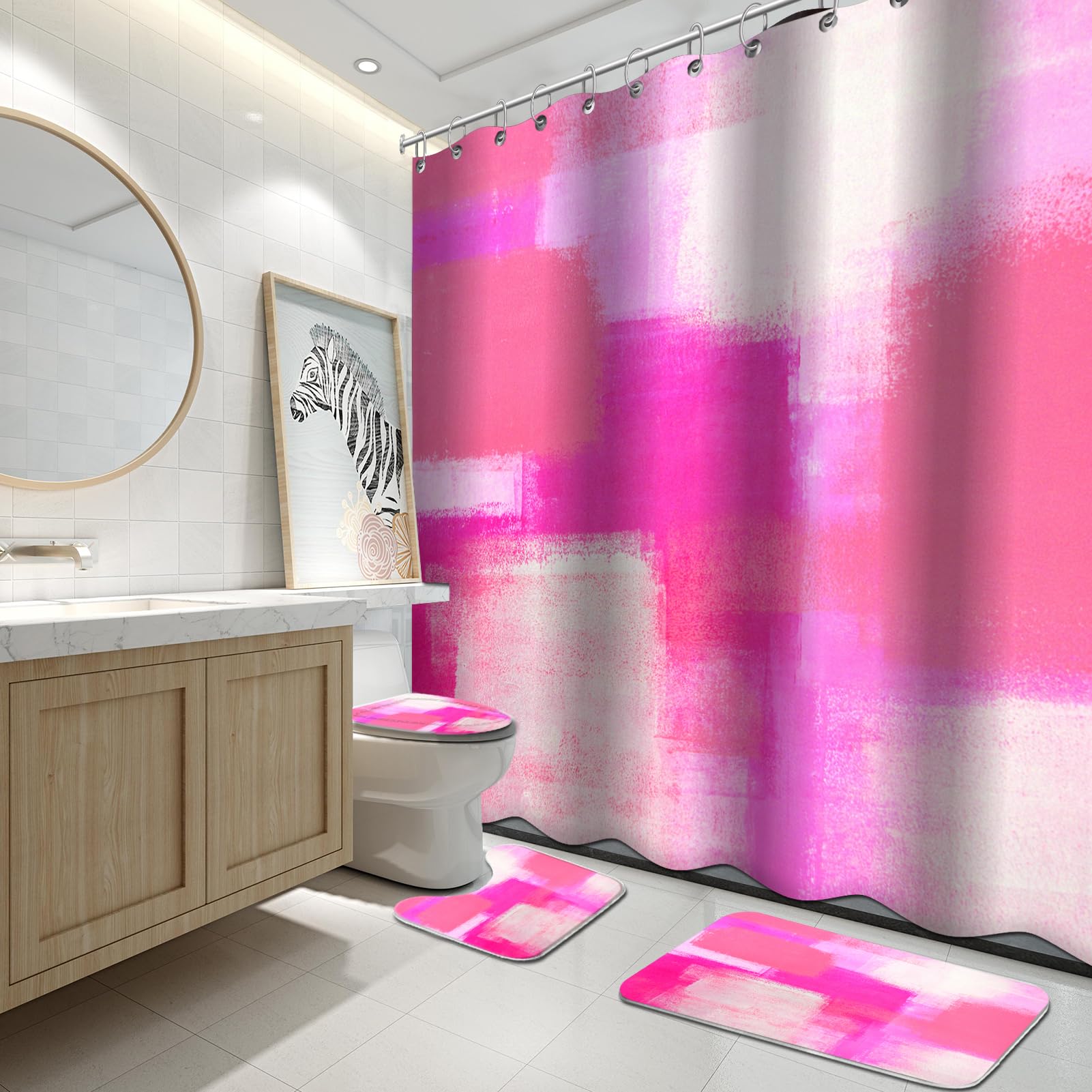 Lnond 4Pcs Bathroom Shower Curtain Sets With Rugs, Pink And Grey Painting Art Bathroom Sets With Shower Curtain And Rugs And Acc