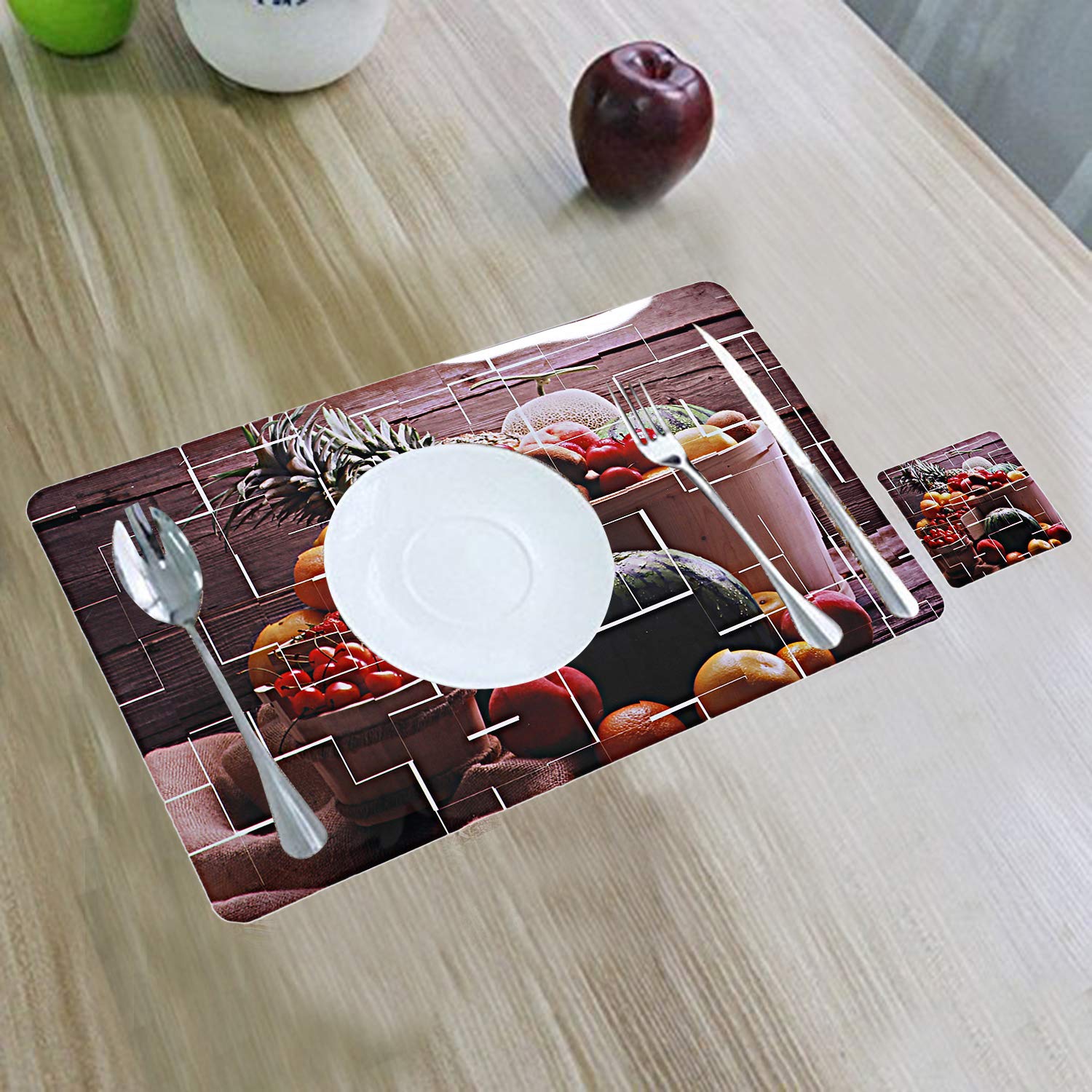 Kuber Industries Fruit Design Pvc 6 Piece Dining Table Placemat Set With Tea Coasters - Multicolour