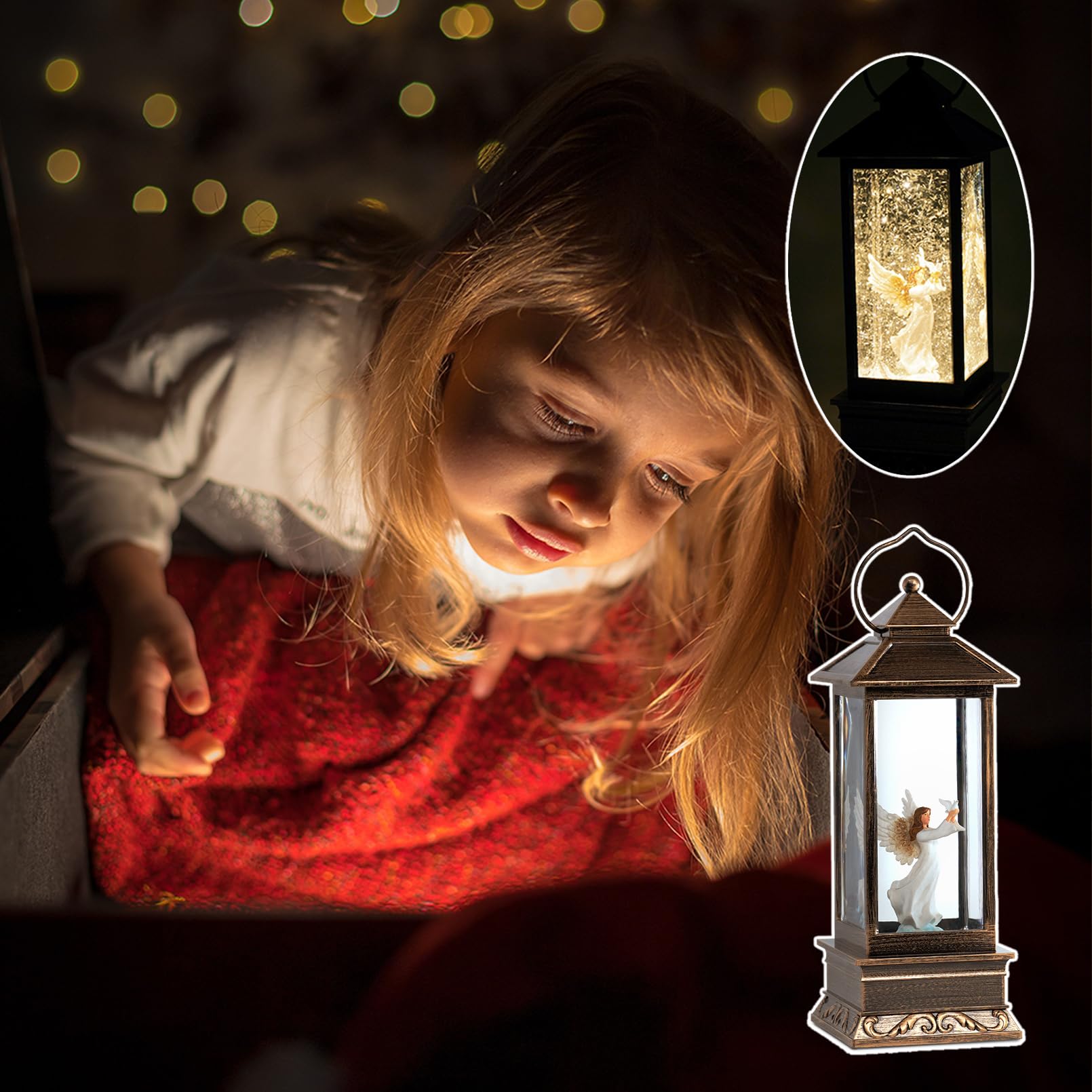 12 Christmas Snow Globe Lantern with Angel and Dove - Water Glittering LED Light Lantern with Music - Vintage Xmas Angel Gifts -