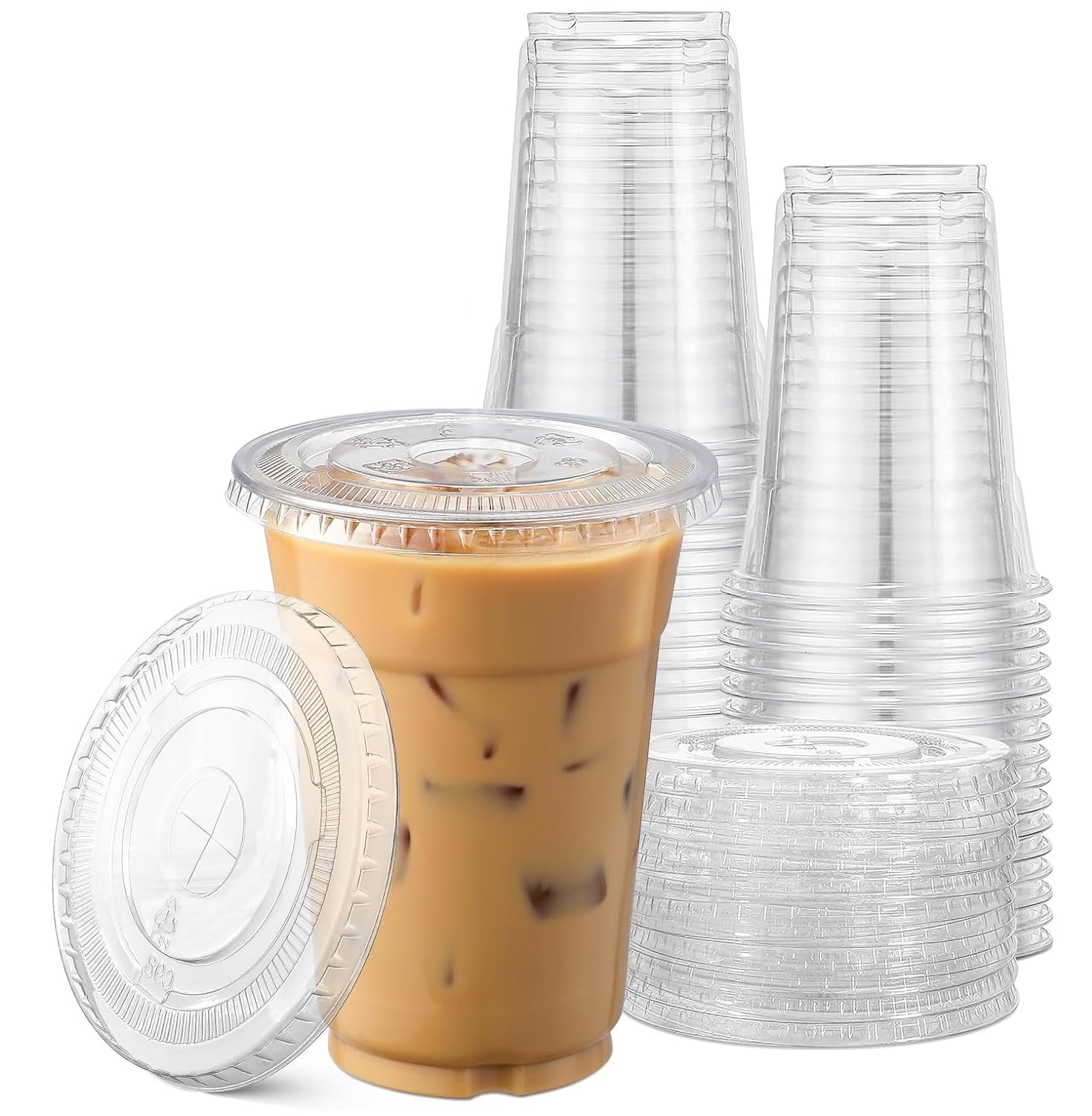 TashiBox 16 oz 100 Sets Clear Plastic Cups with Flat Lids  Clear Crystal drink cups with lids iced coffee cups with lids