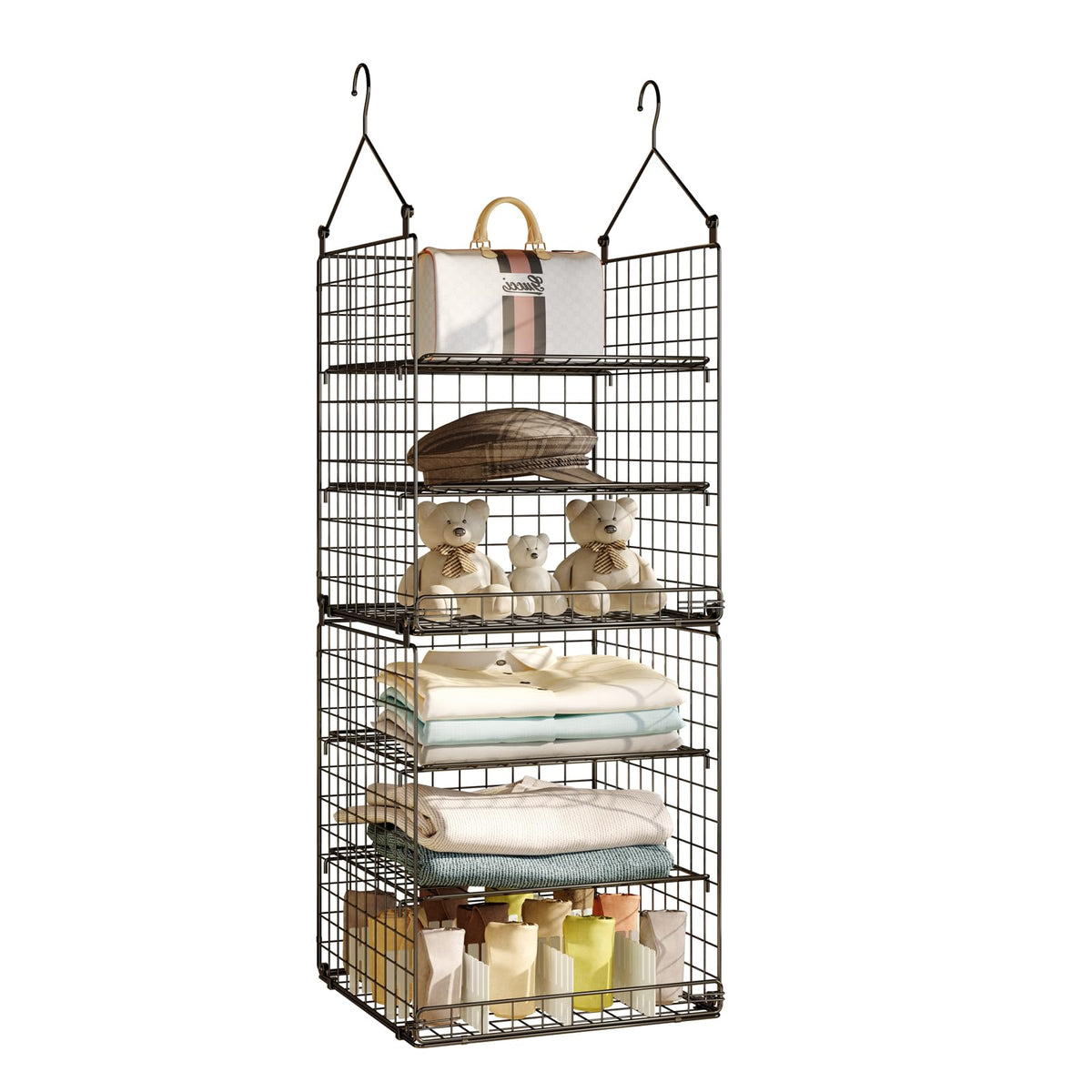 5 Tier Closet Hanging Organizer And Storage Separable Hanging Closet Shelves With 4 Hanging Hooks 2 Adjustable Dividers, Wire St