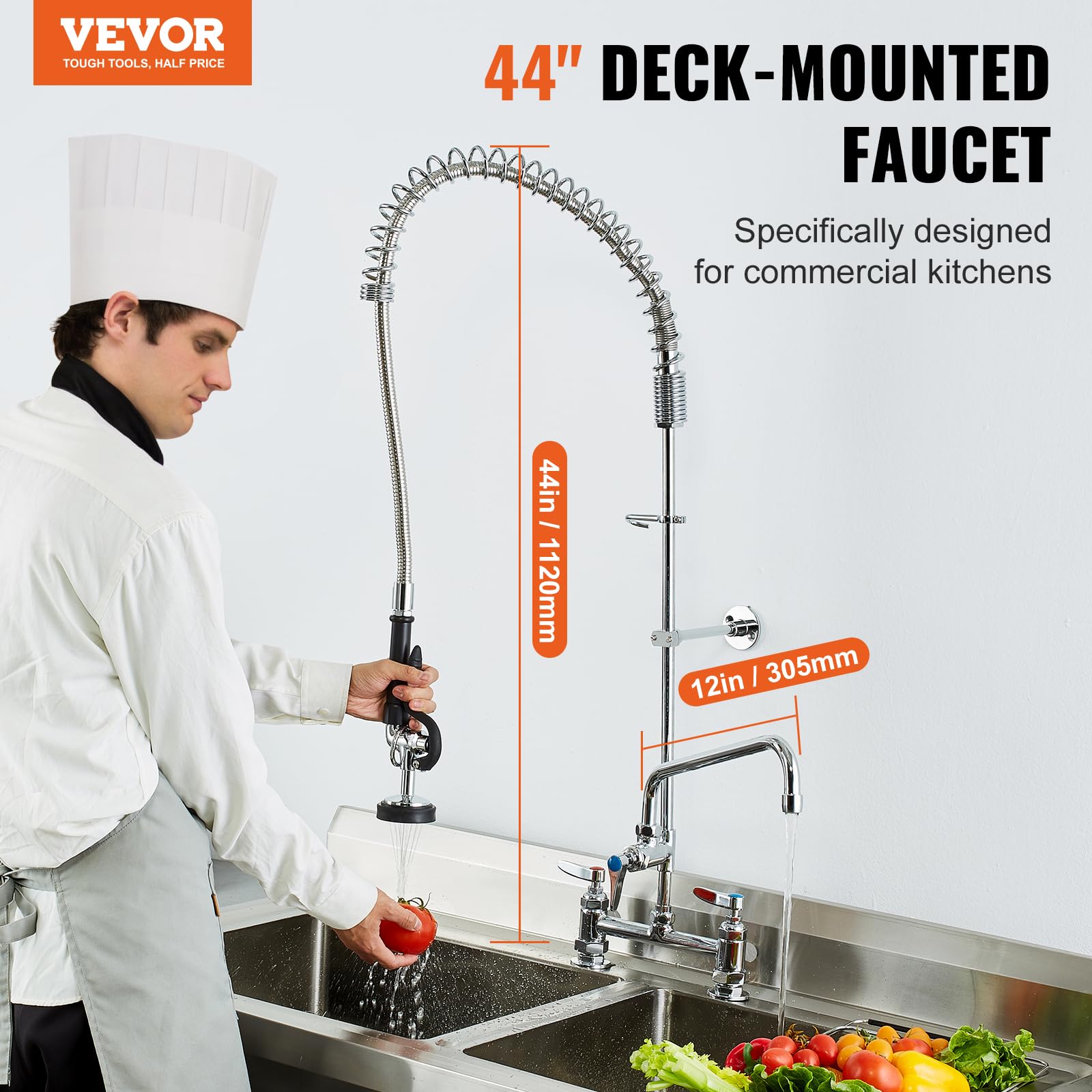 Vevor Commercial Faucet With Pre-Rinse Sprayer, 44'' Height, 8'' Center, 12'' Swing Spout, Deck Mount Kitchen Sink Faucet, Brass