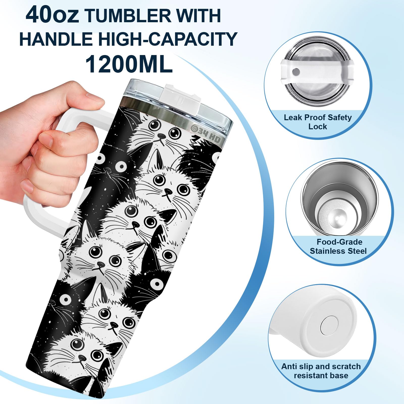 34Hd Gifts For Halloween, Crazy Cat Tumbler With Handle And Straw 40 Oz Stainless Steel, Black Cat Cup, It'S Fine I'M Fine Mug,