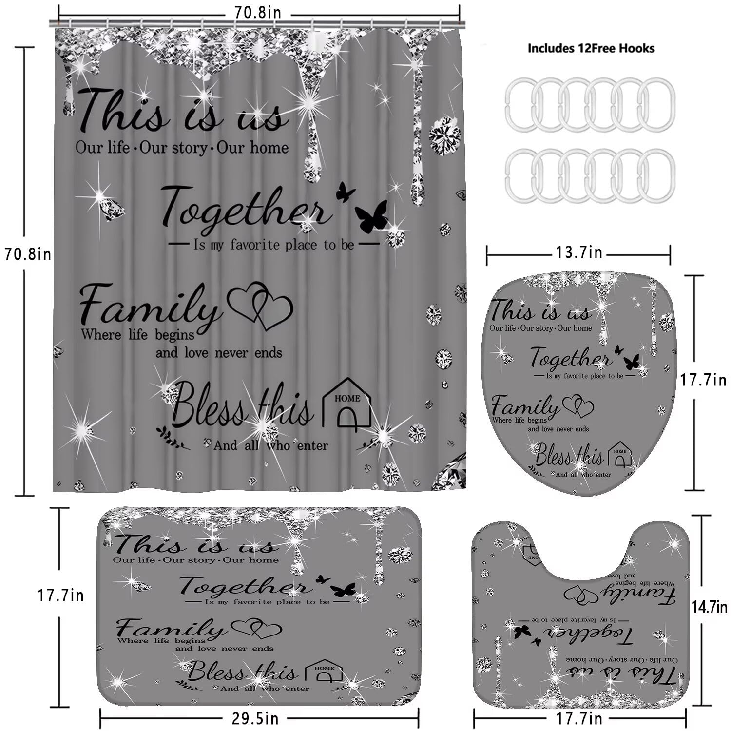 Azhm Sparkling Diamond Letter Printed Shower Curtain Set For Bathroom 4 Pcs Family Bathroom Accessory Decor Sets With Shower Cur