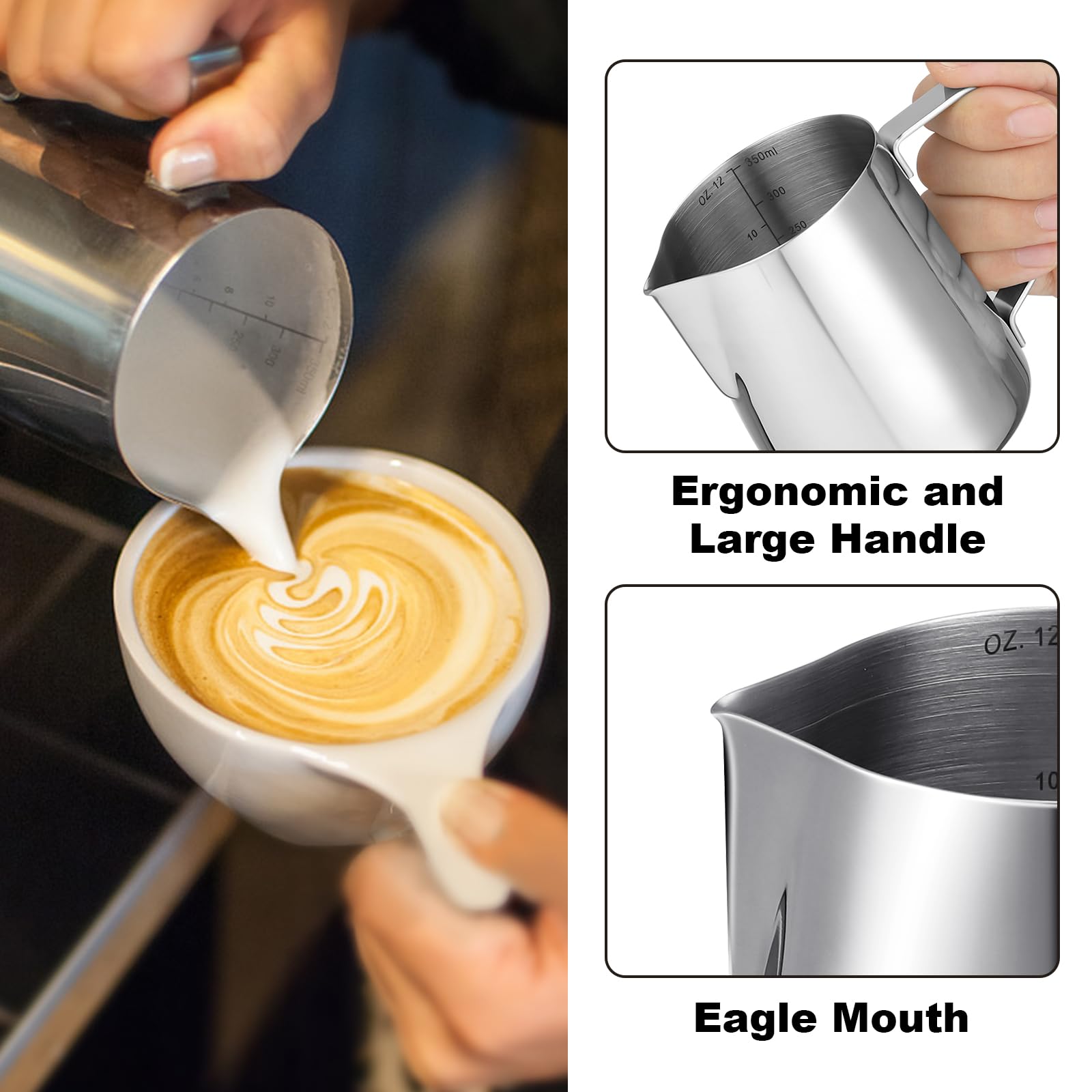 LifHap Milk Frothing Pitcher, 12oz Stainless Steel Capuccino Jug, Silver Barista Tool
