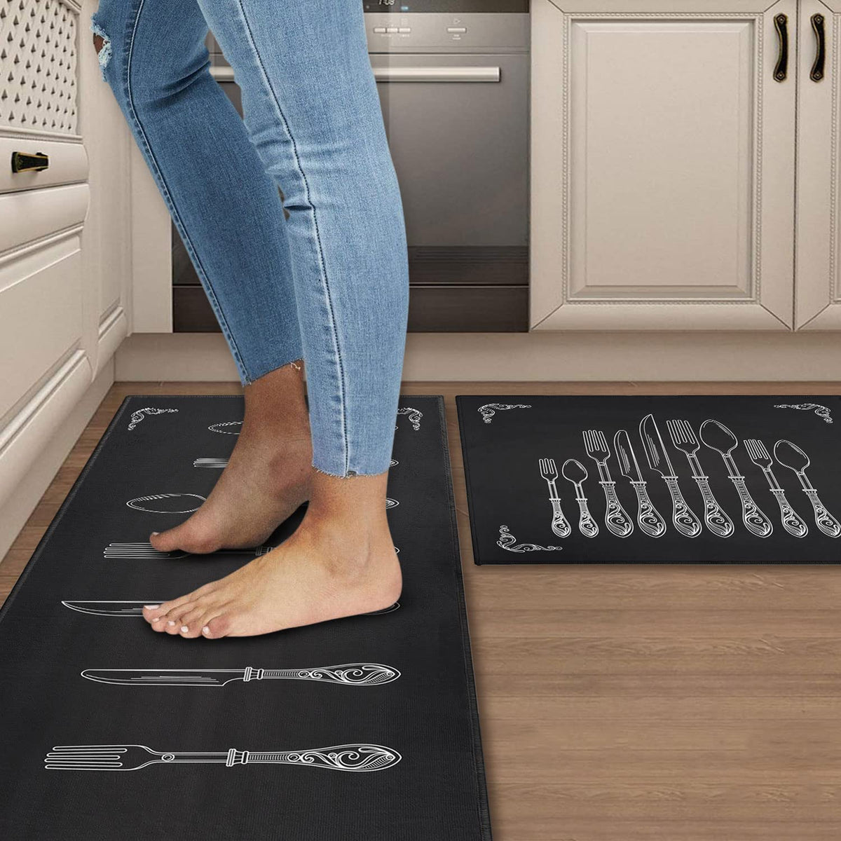 Ouxioaz Black Rugs And Mats Non Skid Washable Absorbent Microfiber Anti Fatigue Kitchen Mat For Floor Set Of 2 Black Decor Stain