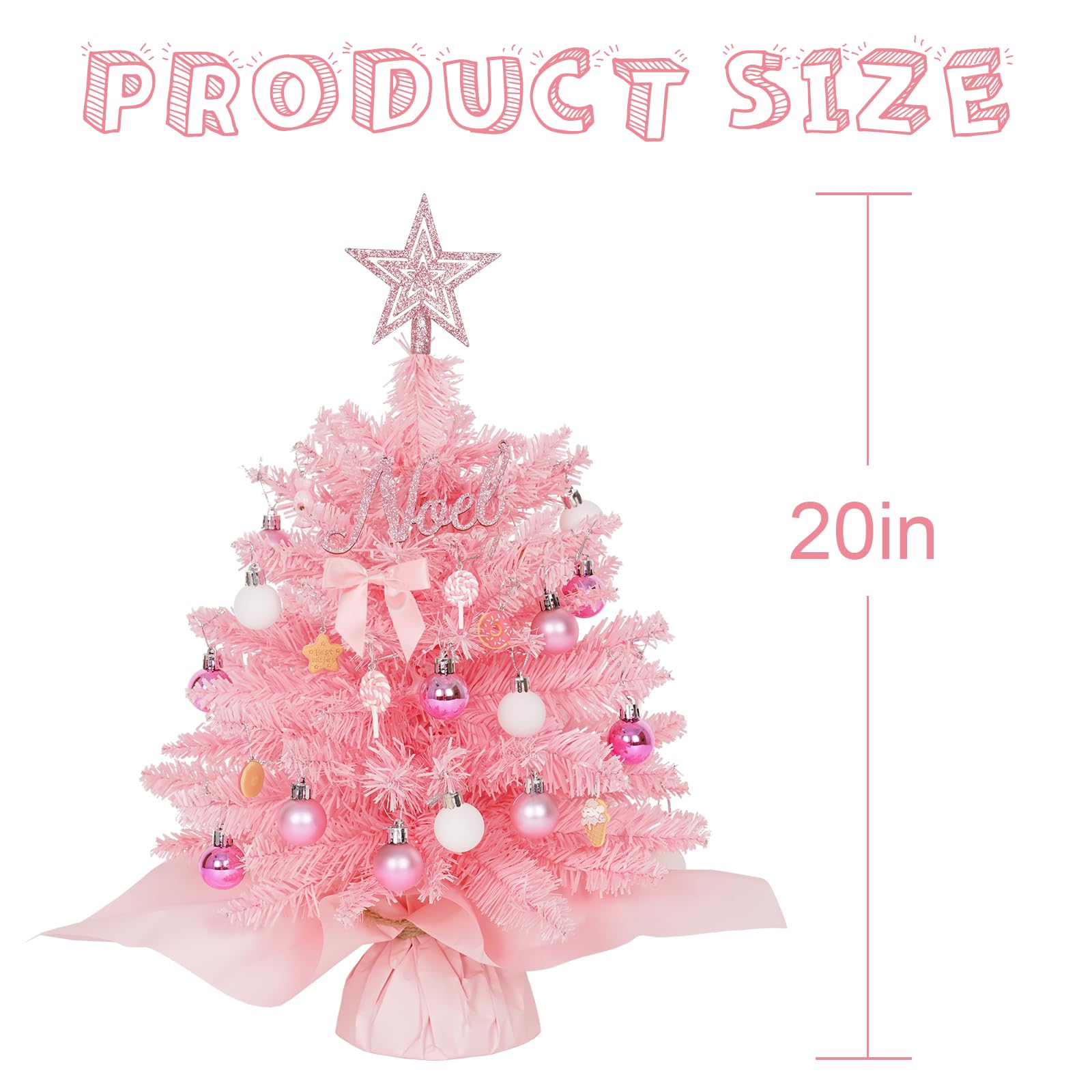Wangchao Craft 20 Mini Pink Christmas Tree Table Top Artificial Xmas Tree Small Christmas Tree with Lights, Star Treetop and Bal