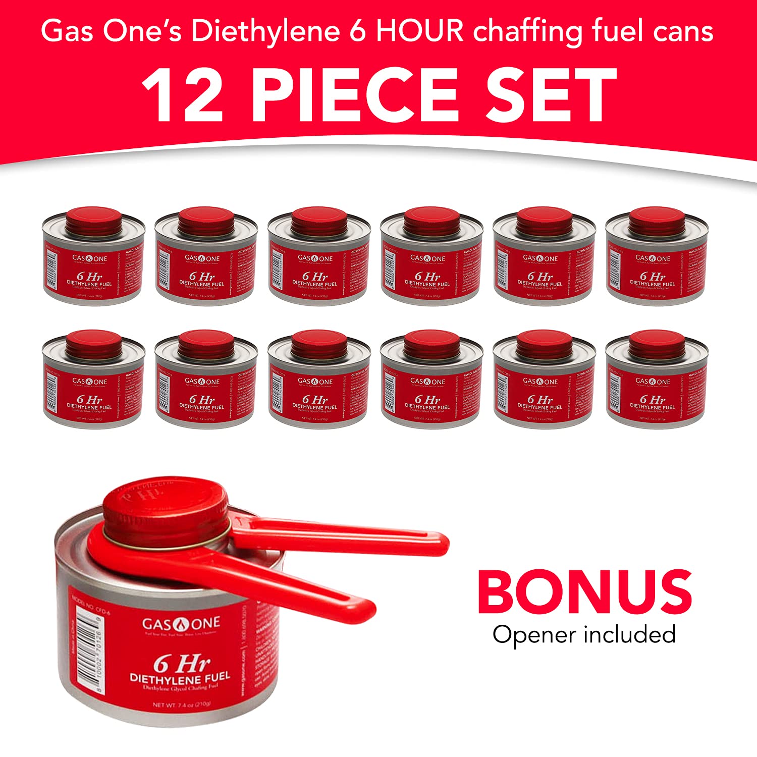 Gas One 6 Hour Chafing Fuel - Food Warmer For Chafing Dish Buffet Set - Liquid Safe Fuel With Wick & Lid Opener 7.4 Oz (Pack Of