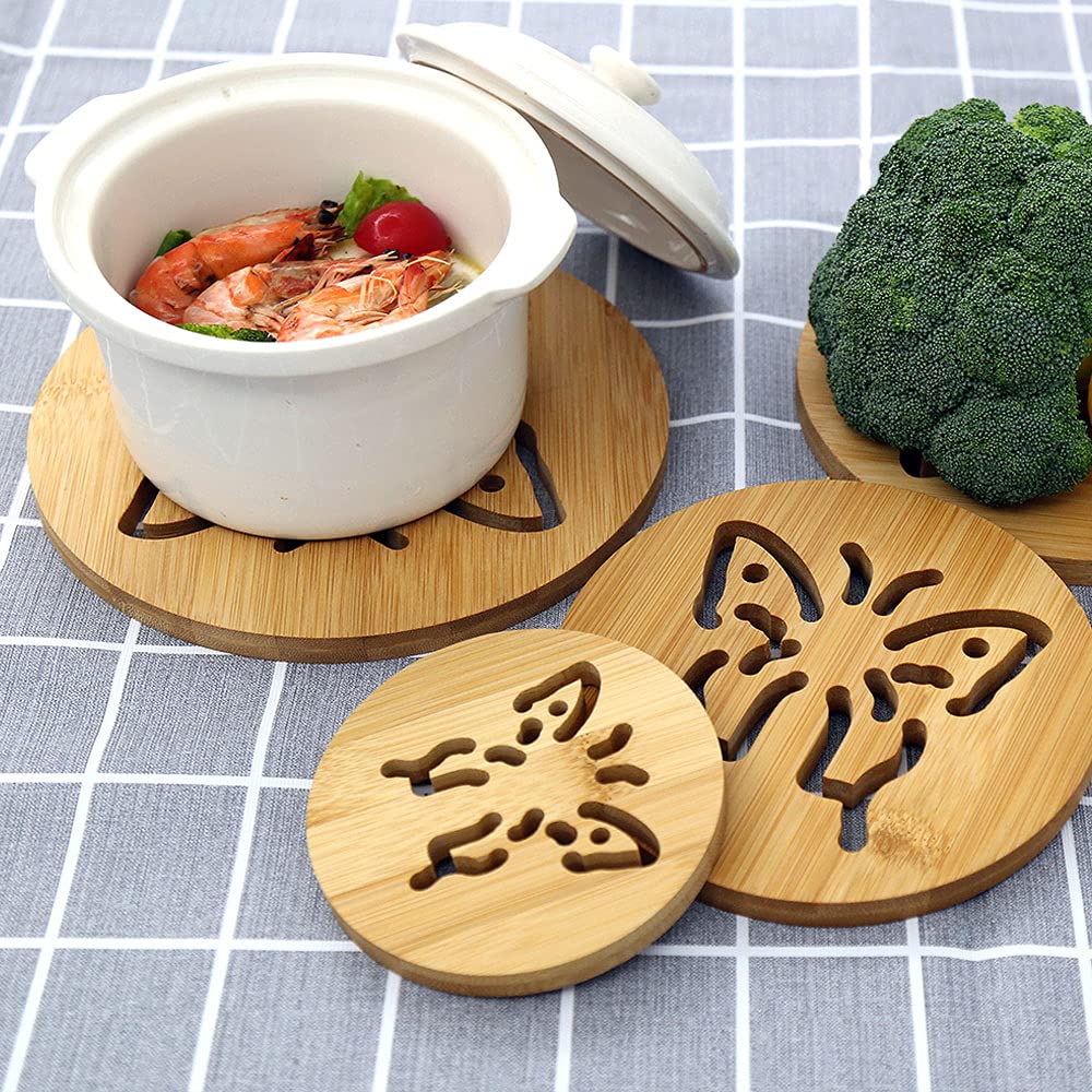 Alfeel 4 Piece Bamboo Trivet - Home Kitchen Multifunction Bamboo Heat Resistant Pads Trivet, Round Multi-Size Placemat Coaster F