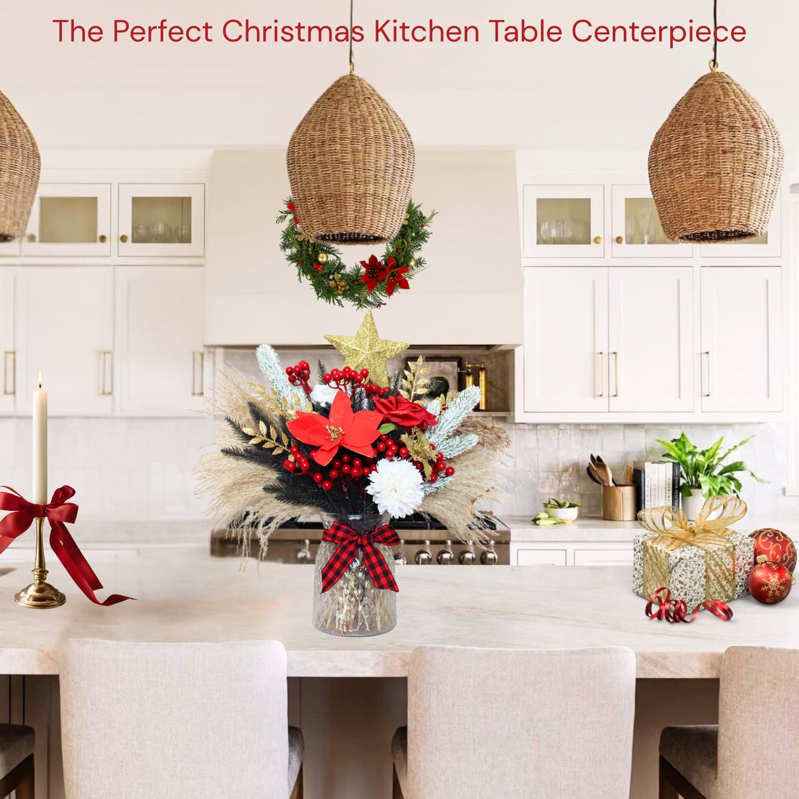 Christmas Centerpieces for Tables, Holiday Table Decor, 100pcs Christmas Floral Arrangements In Vase, Xmas Decorations For Coffe