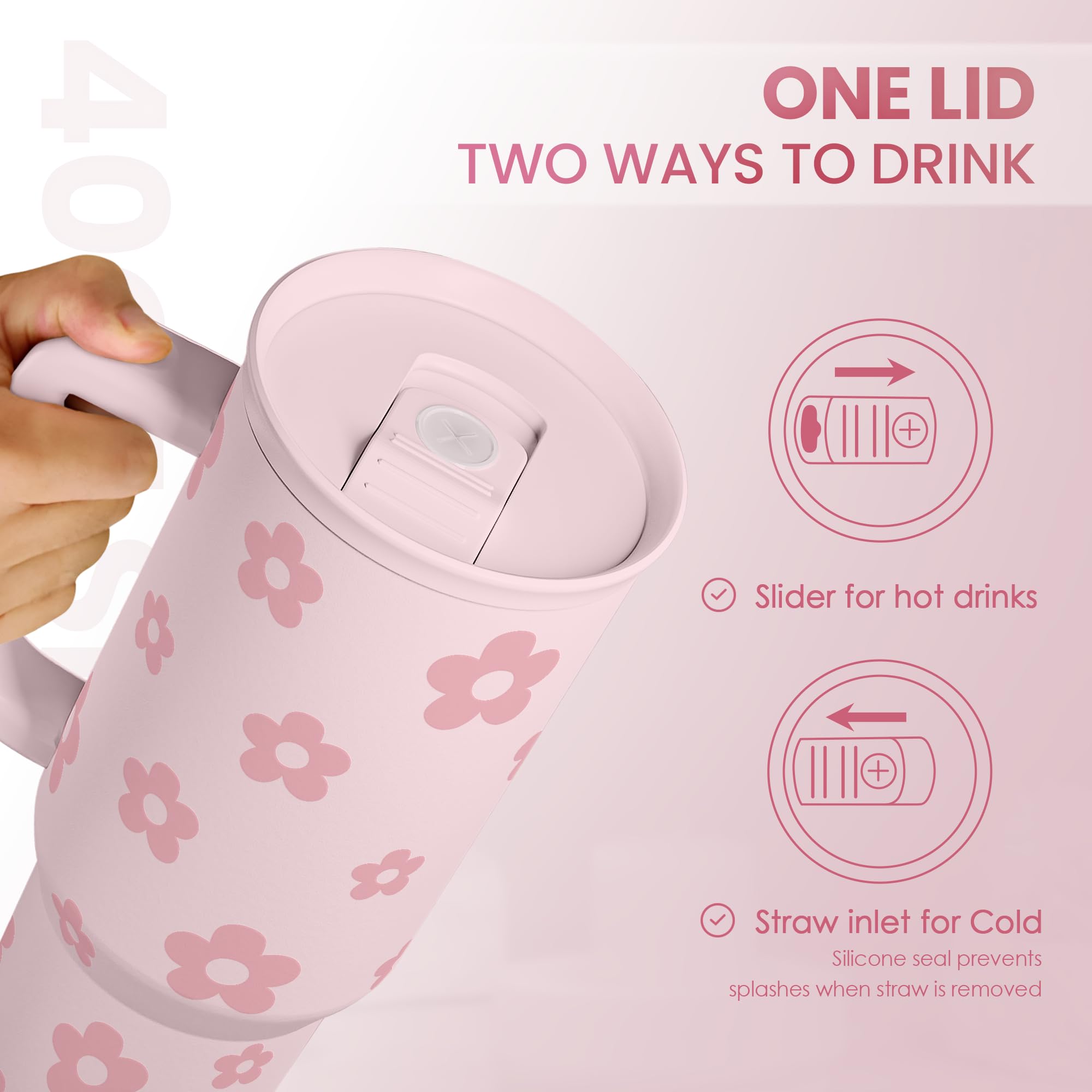 SANDJEST Floral Tumbler with Handle and Straw 40oz Stainless Sleel Slider Tumbler Travel Coffee Mug for Women - Gift Idea for Bi