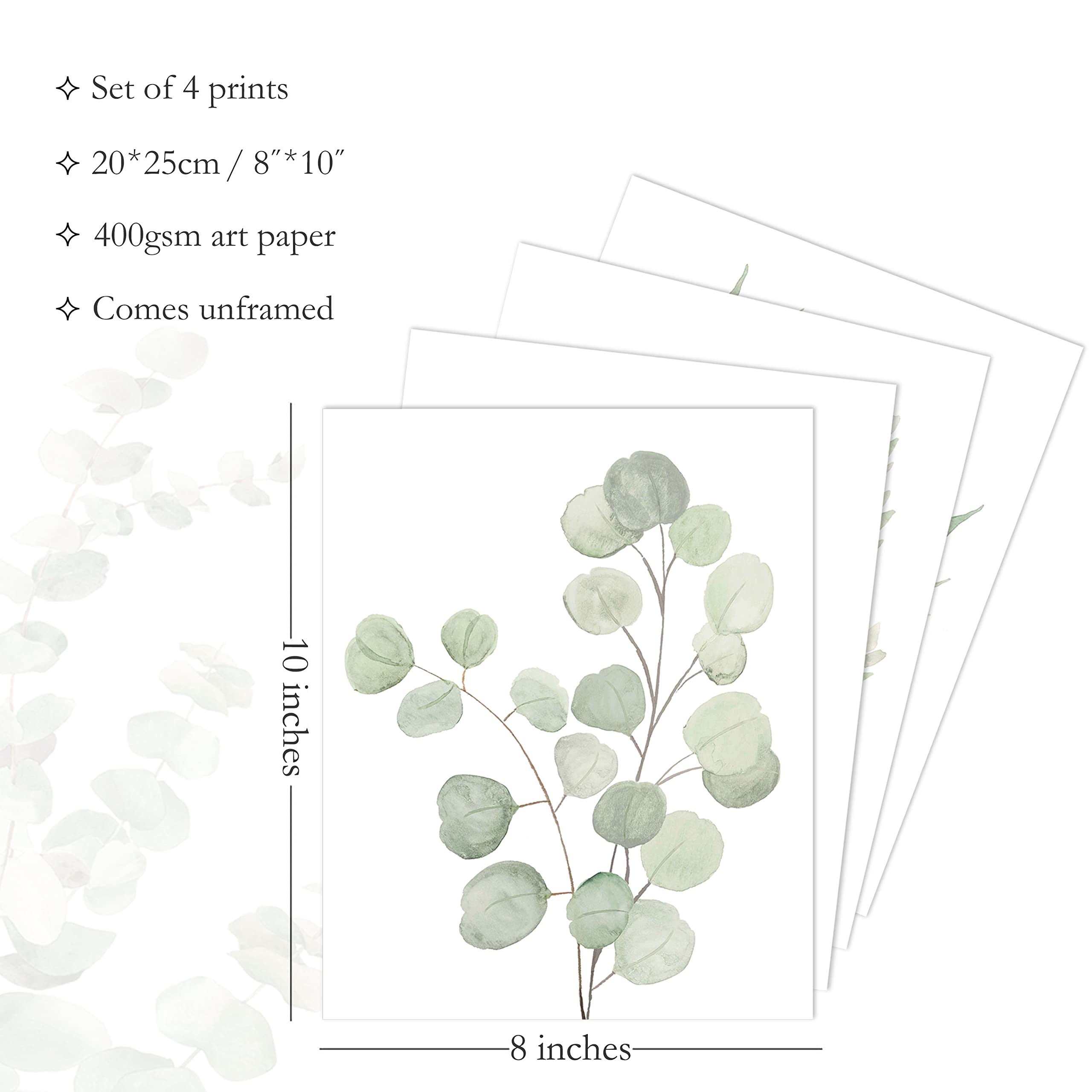 Howwii Botanical Boho Bathroom Decor Wall Art Prints  UNFRAMED Sage Green Plants Decor for Bedroom|Office  Minimalist Eucalyptus Leaves Watercolor Art Prints  Set of 4 Pictures  8''x10'' No Frames