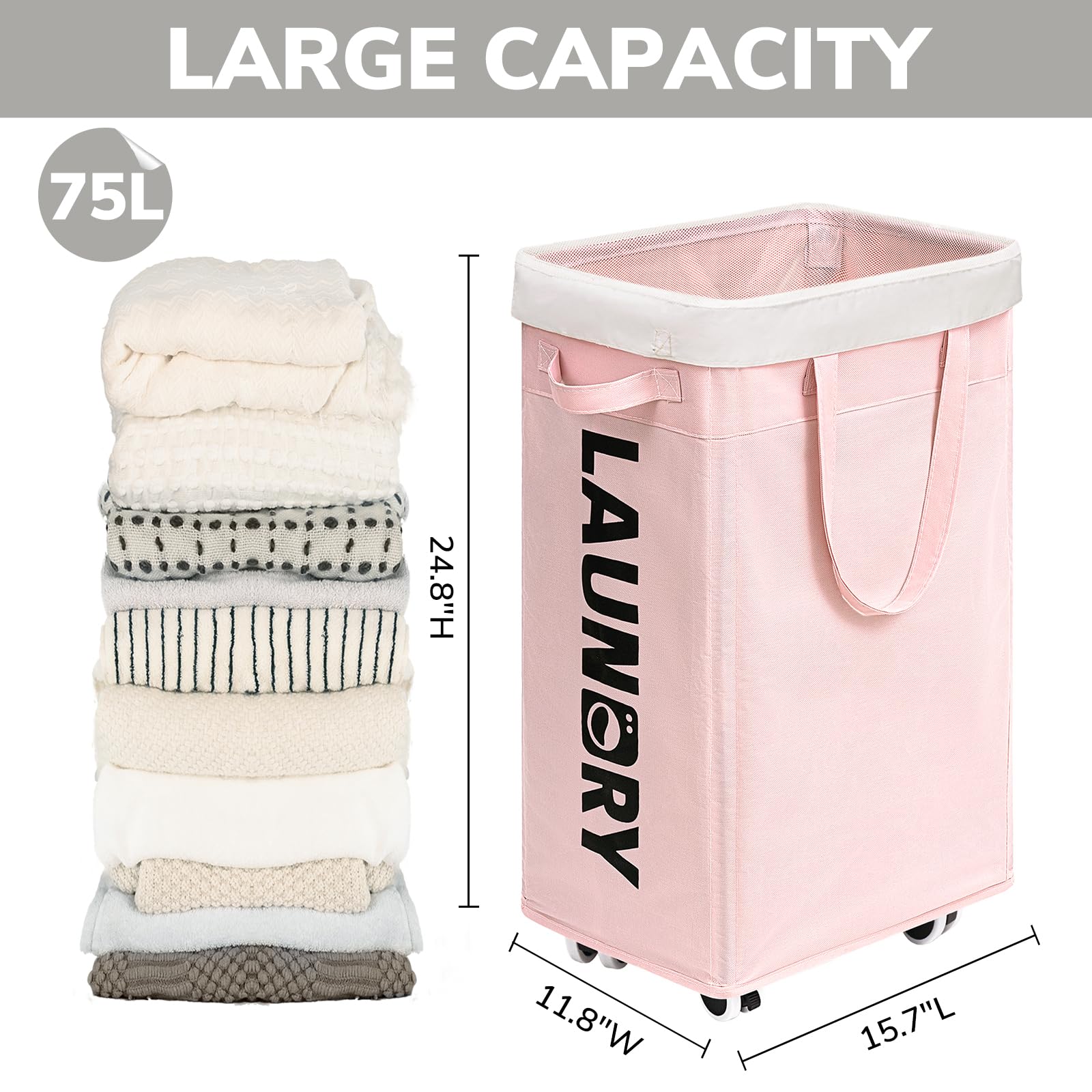 Goodpick Pink Laundry Baskets With Wheels 2-Pack, 75L Rolling Laundry Basket With Removable Wash Bags, Large Laundry Hamper For