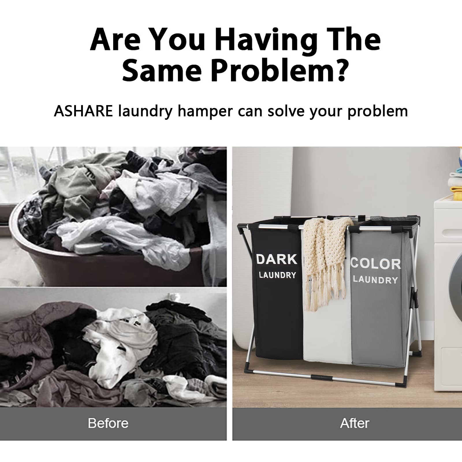 Laundry Basket Hamper 3 Section Dirty Clothes Hamper With Mesh Cover Foldable Aluminum Frame Laundry Sorter Organizer For Bathro