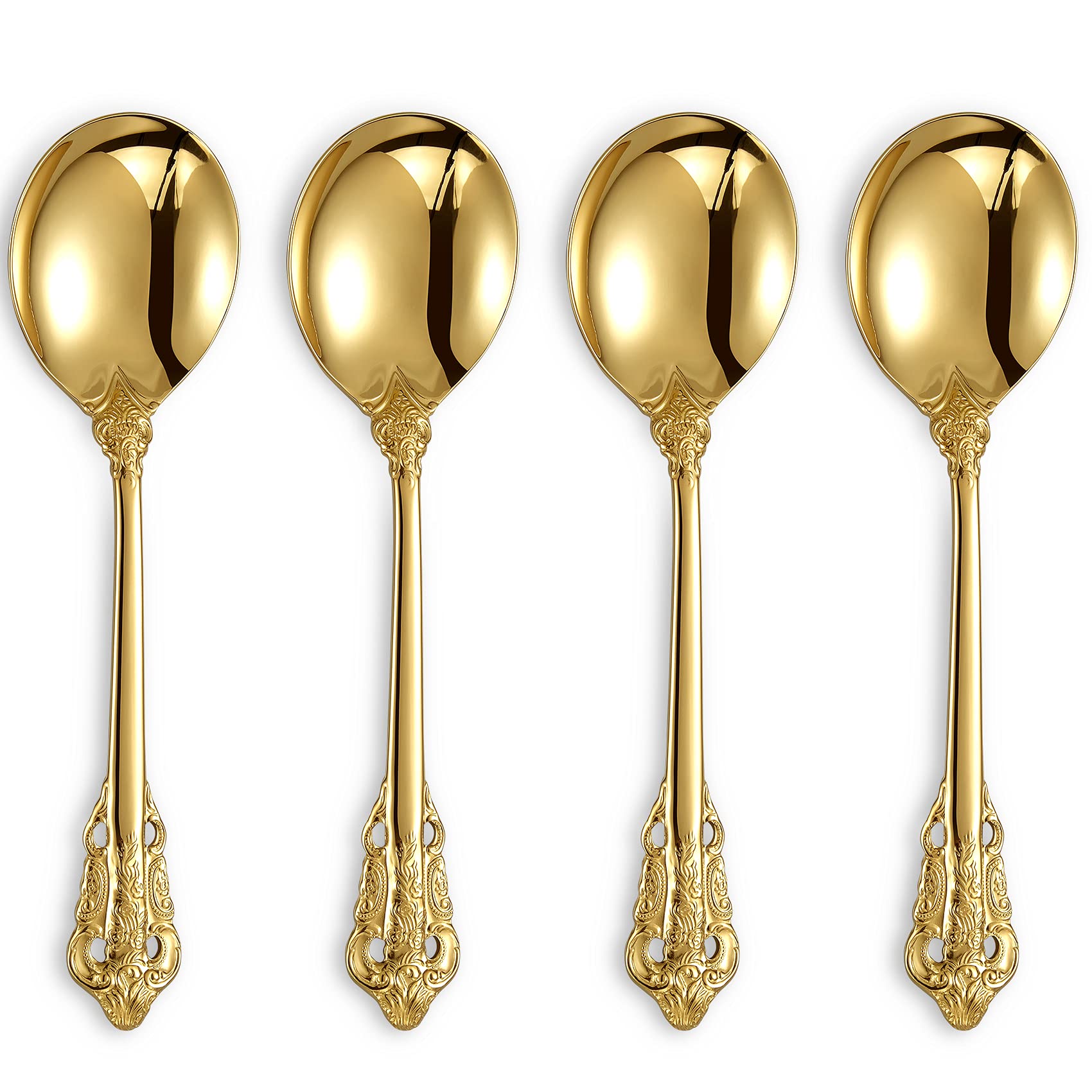 Keawell Gorgeous Round Soup Spoon, Set Of 4, 18/10 Stainless Steel, Gold Visions Bouillon Spoon, Dishwasher Safe, Fine Mirror Po