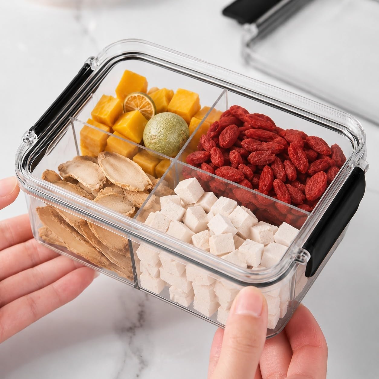 4 Grid Airtight Food Storage Container With Lid, Transparent Snack Organizer Box, Multipurpose Dry Fruit Storage Box, Kitchen Fr