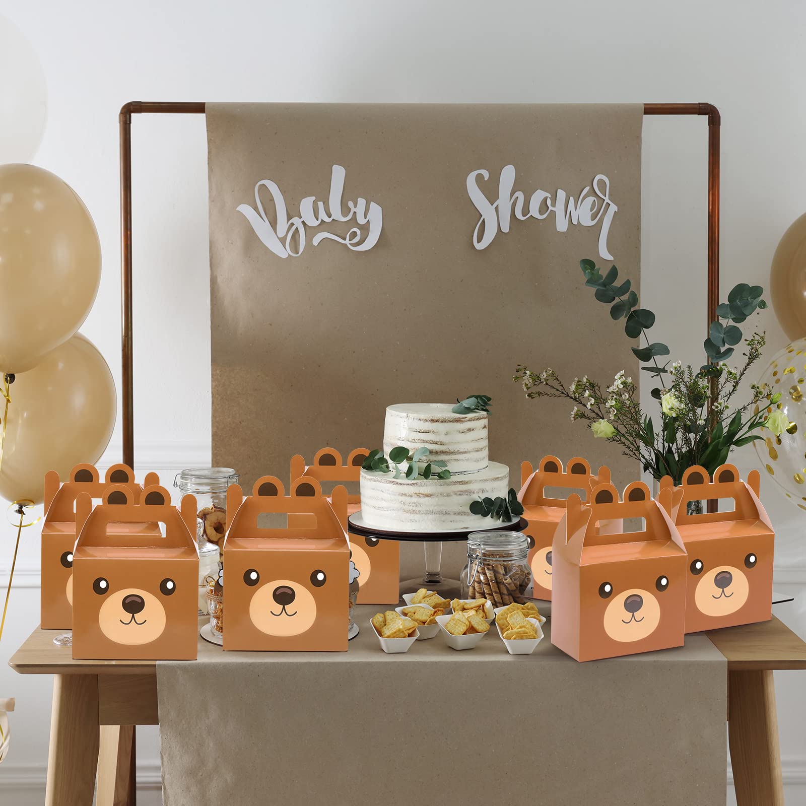 24Pcs Bear Treat Boxes Party Supplies Bear Baby Shower Theme Party Favor Goody Gift Boxes For Kids Boy Girl Brown Bear Theme Bir