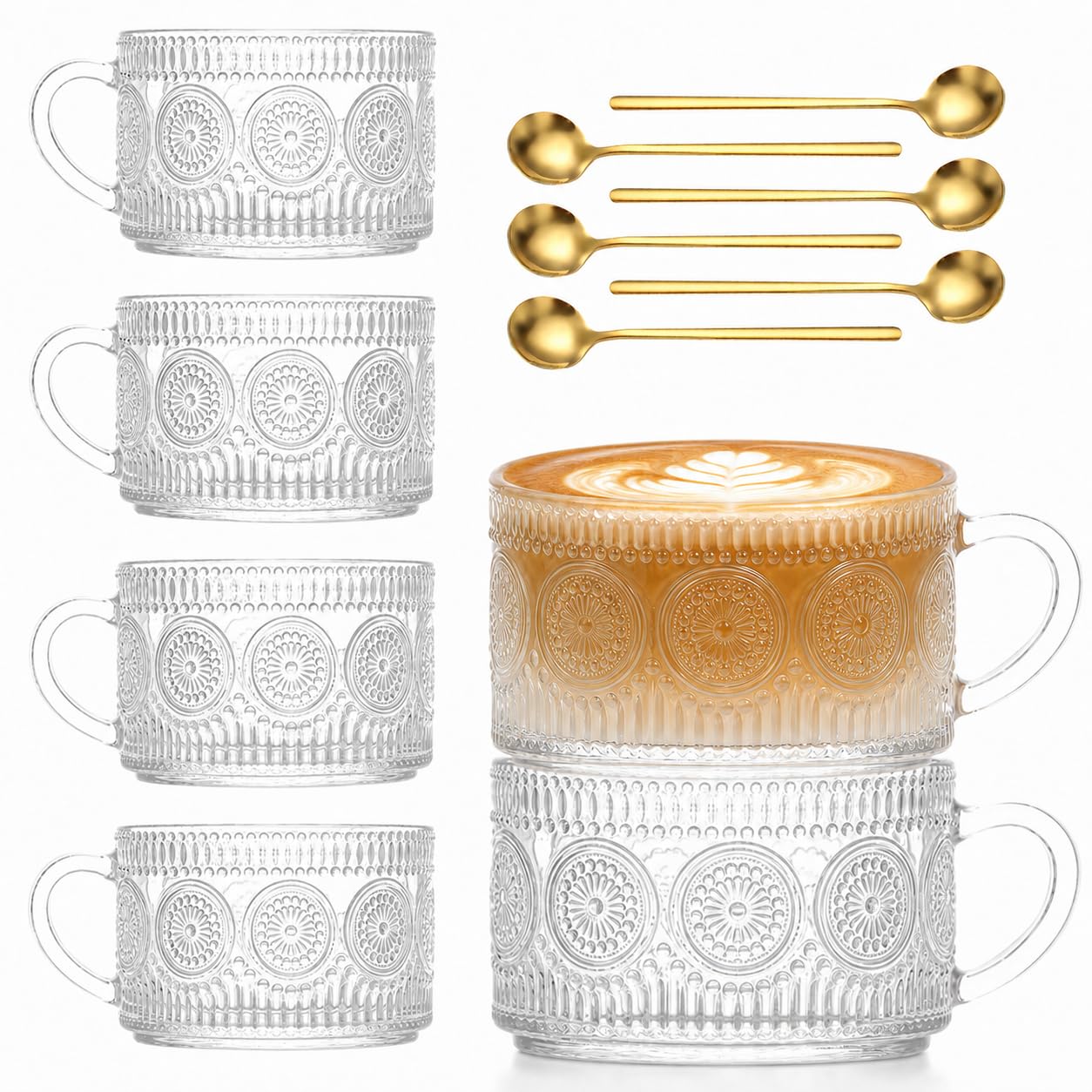 Vintage Coffee Mugs Set of 6, 14 oz Glass Tea Cups with Spoons, Sunflower