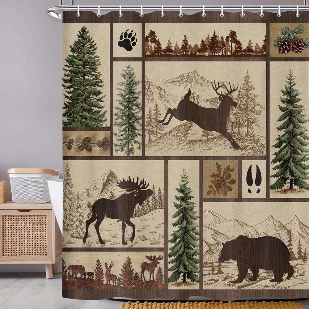 Rustic Cabin Shower Curtain For Bathroom, Forest Bear Deer Wildlife Country Bath Curtains, Hunting Camping Waterproof Fabric Bat