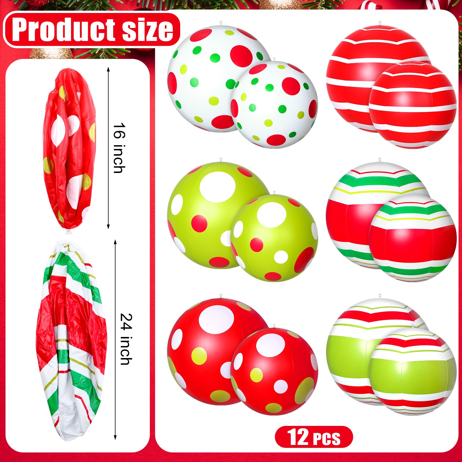 12 Pcs 24/16 Inch Giant PVC Christmas Inflatable Ball Outdoor Blow up Xmas Inflatables Ornaments Giant PVC Christmas Ornaments f