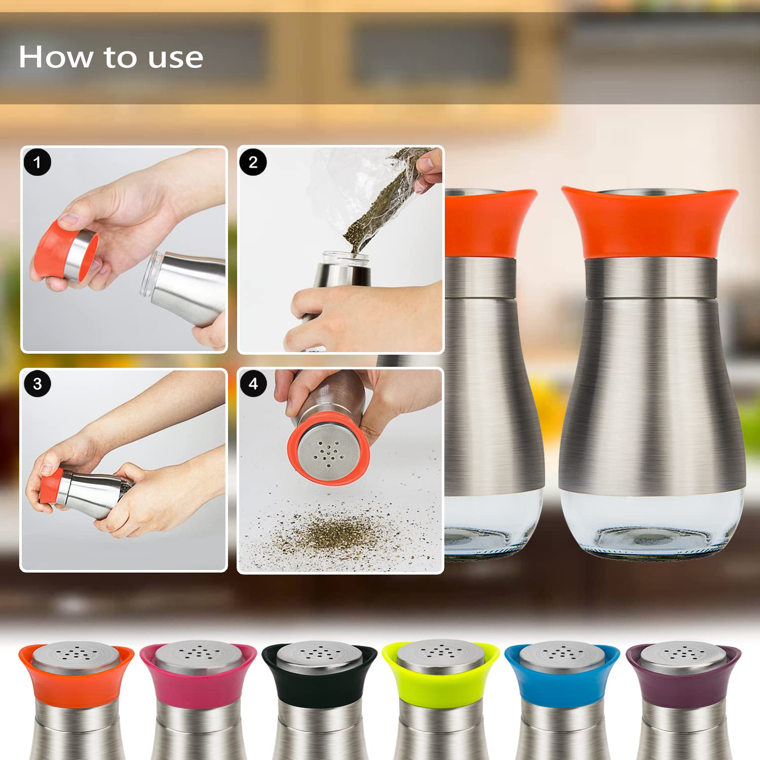 Evelyne Salt Pepper Seasoning Glass Shaker with Stainless Steel Cover 2 pcs Pack Set (Orange)