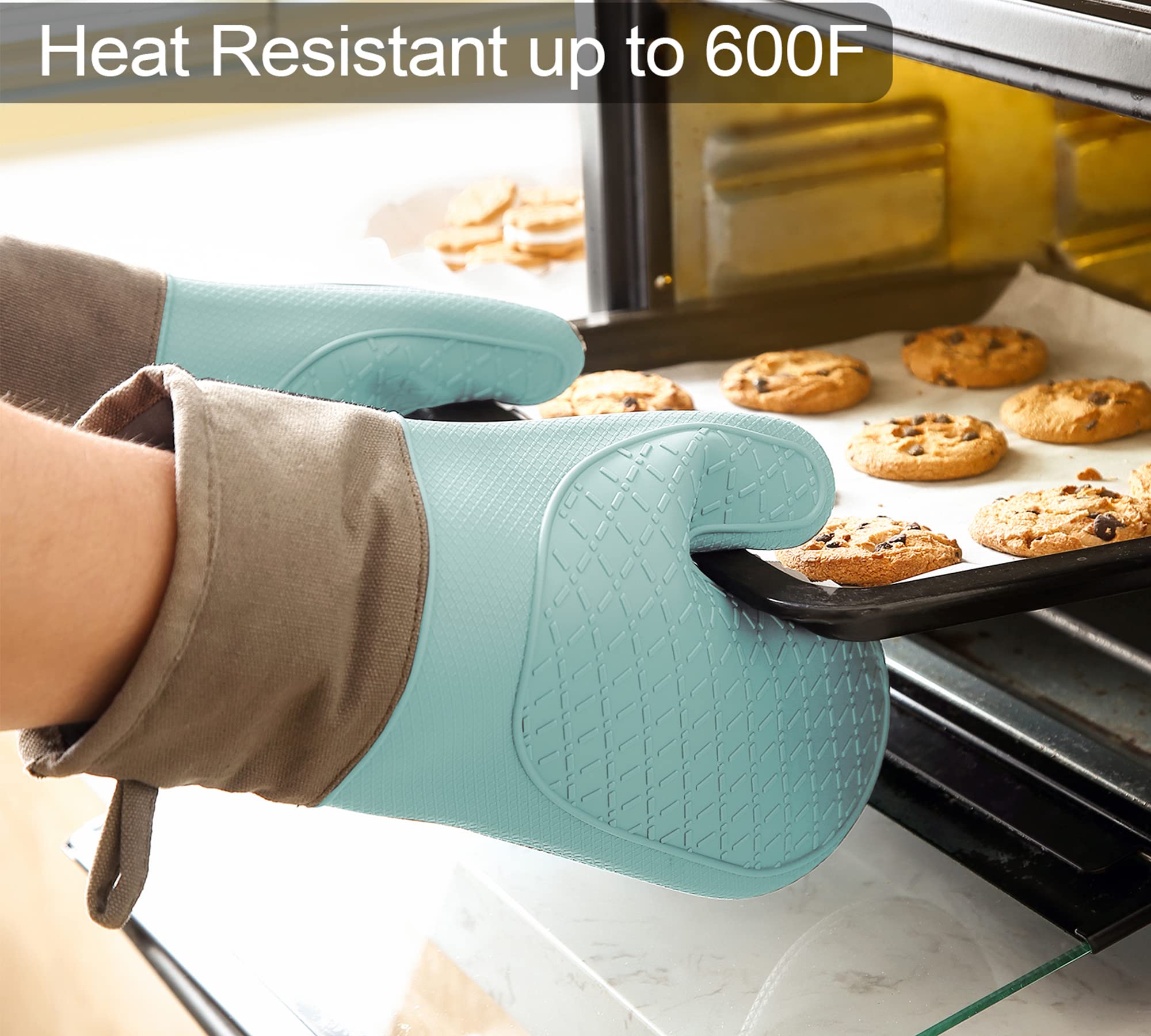 Domonic Home Oven Mitts And Pot Holders Sets, Silicone Heat Resistant 600F, Soft Lining Good Grip, Oven Gloves And Trivet Mats 4