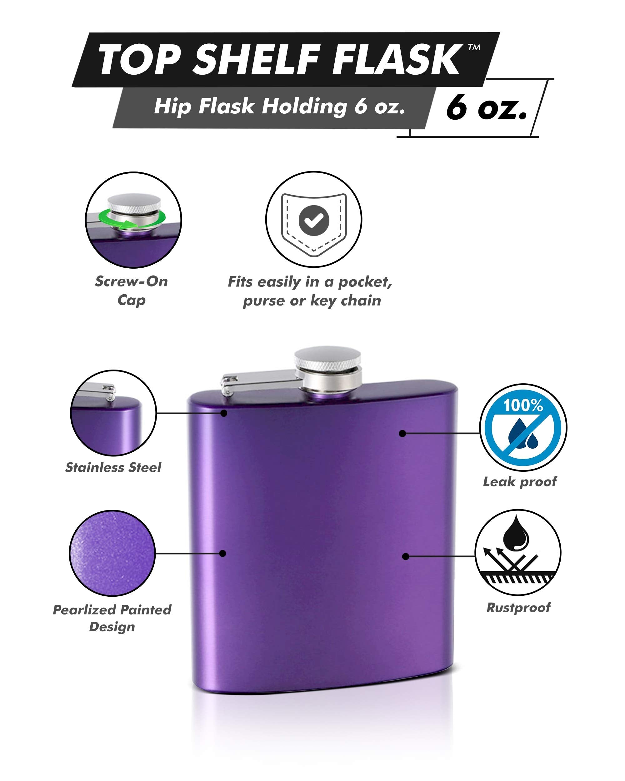 Top Shelf Flasks 6 Oz. Pearlized Painted Hip Flask, Assorted Colors, Purple
