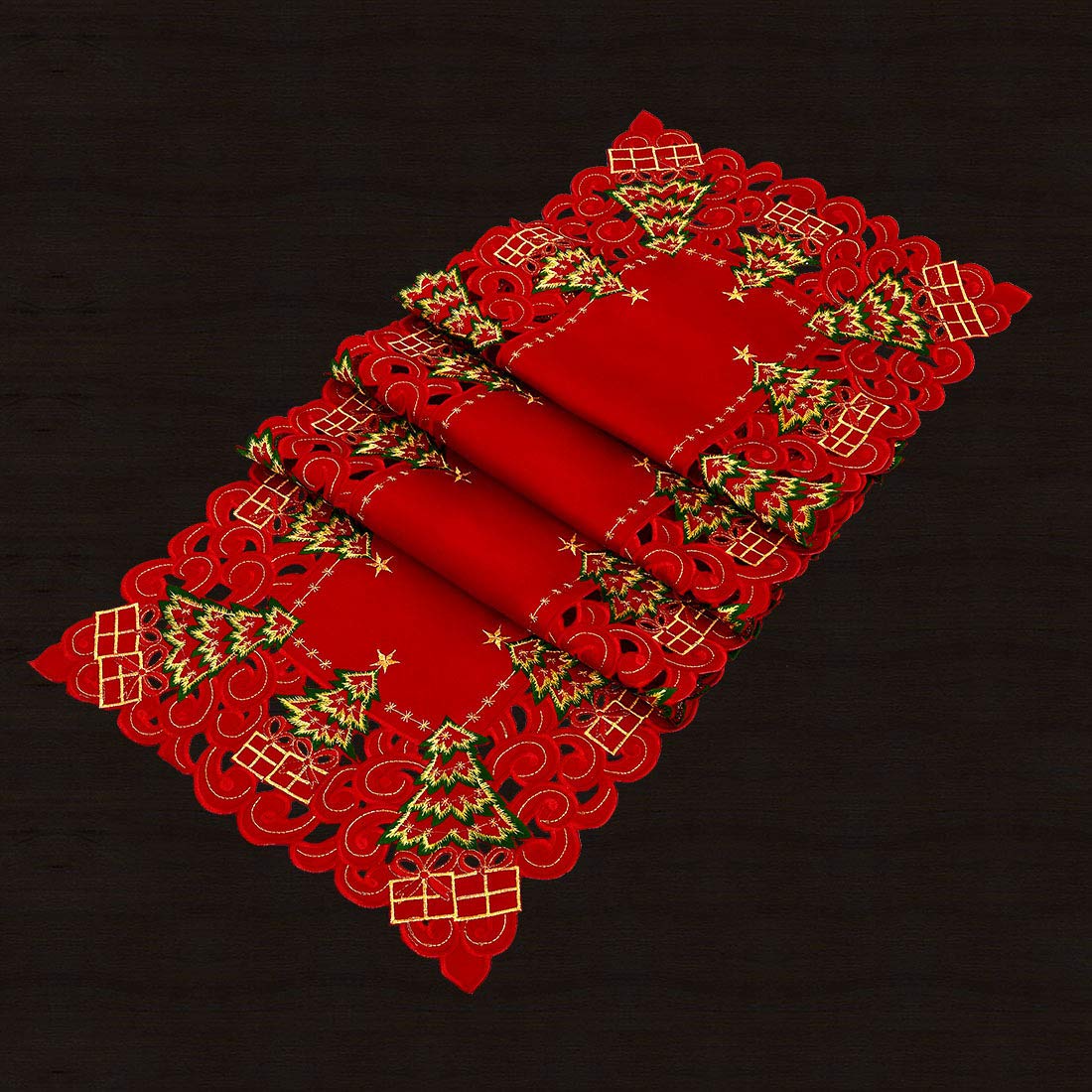 Grelucgo Embroidered Christmas Holiday Holly Tree Table Runner, Dresser Scarf, Rectangular 16 X 132 Inch