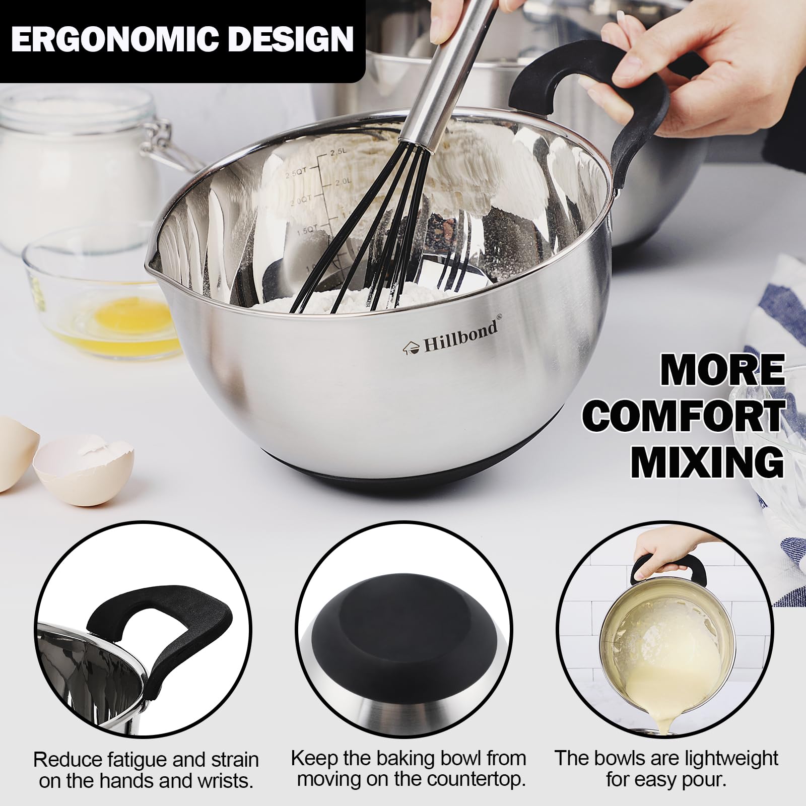 Hillbond Stainless Steel Bowls With Lids Set Mixing Bowls With Pour Spout, Silicone Handle And Non-Slip Bottoms For Baking, Cook