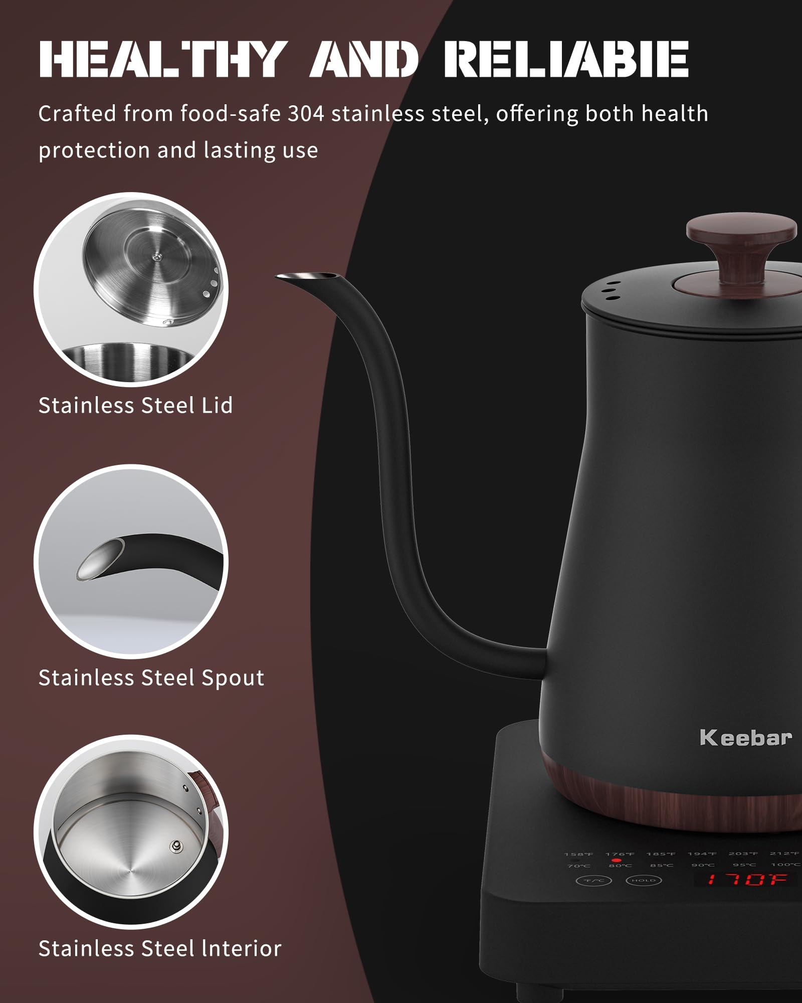 Electric Kettle, Electric Gooseneck Kettle With 6 Temperature Control Presets And Led Display, 0.8L/27.05Oz, 0.8Mm Ultra-Fine Sp